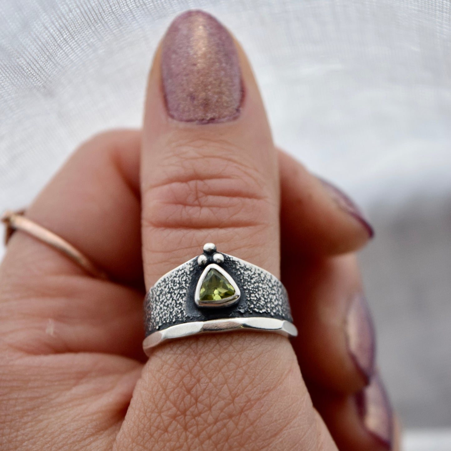 Lunar Surface Armor Ring with Peridot size 7.75