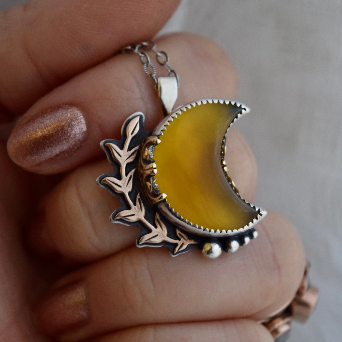 Badger House Pendant with Yellow Onyx, Bronze, and 14k Solid Yellow Gold