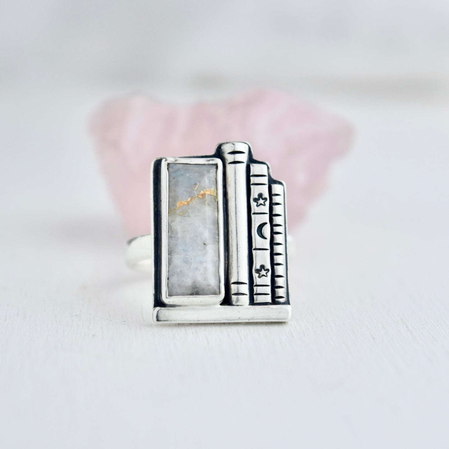 Bookshelf Ring with Kintsugi Repaired Rainbow Moonstone Size 8.5