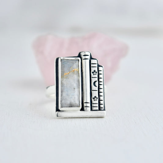 Bookshelf Ring with Kintsugi Repaired Rainbow Moonstone Size 8.5