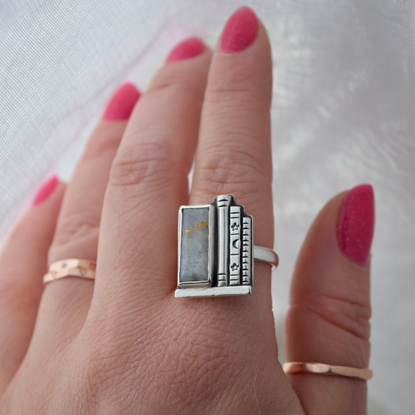 Bookshelf Ring with Kintsugi Repaired Rainbow Moonstone Size 8.5