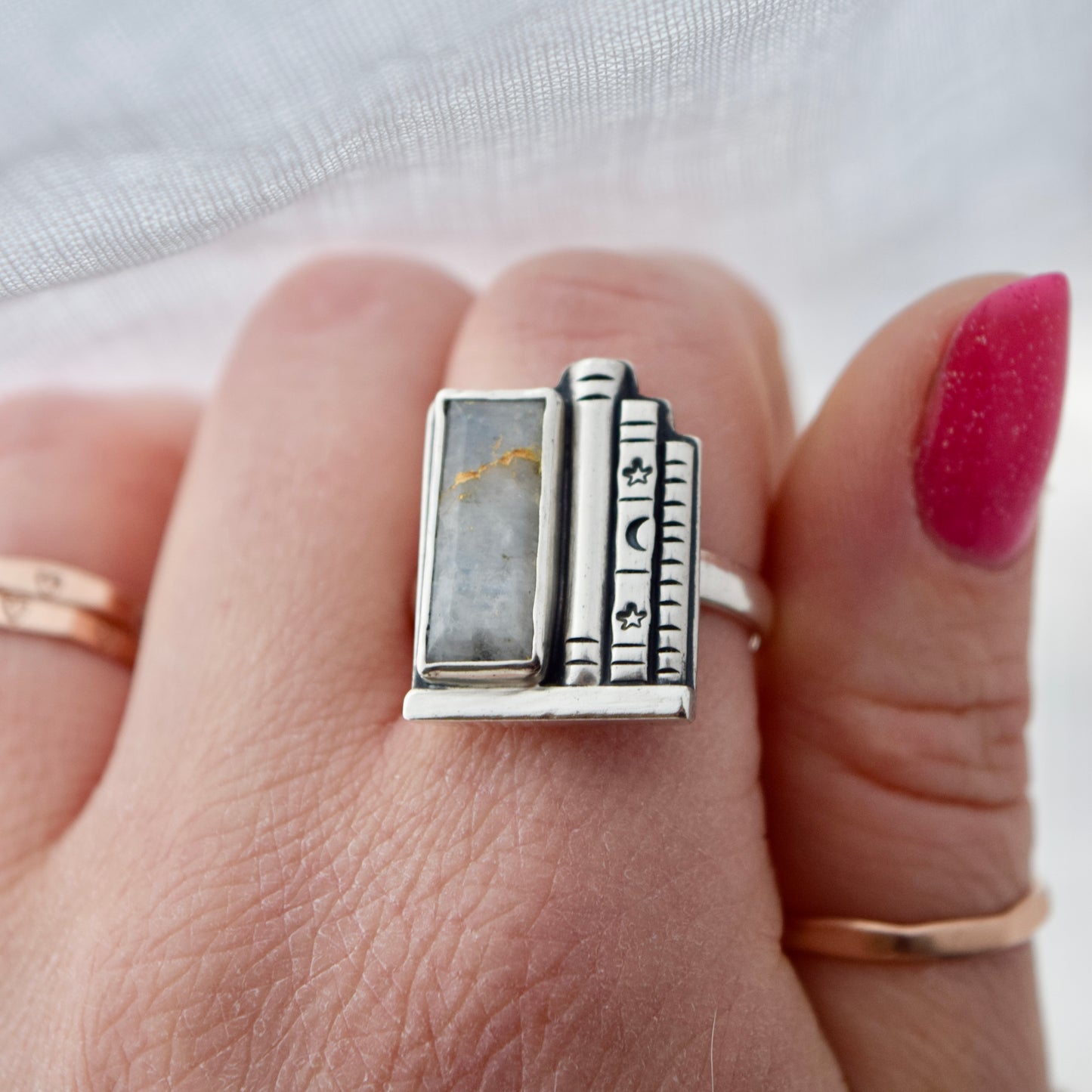 Bookshelf Ring with Kintsugi Repaired Rainbow Moonstone Size 8.5