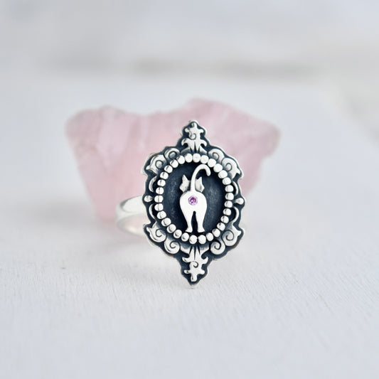 Cat Butthole Cameow Ring with Pink Sapphire Size 8.5