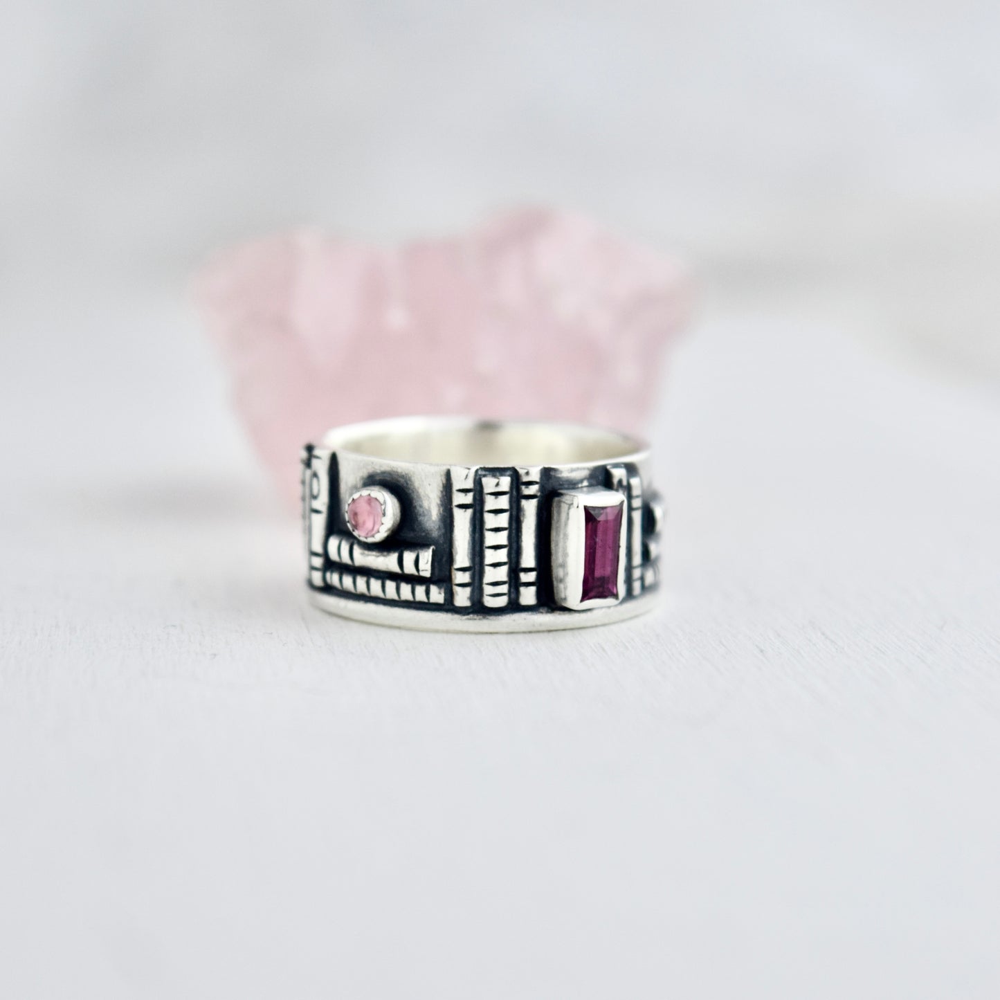 Bookshelf Ring Band with Pink Tourmaline Size 8.5