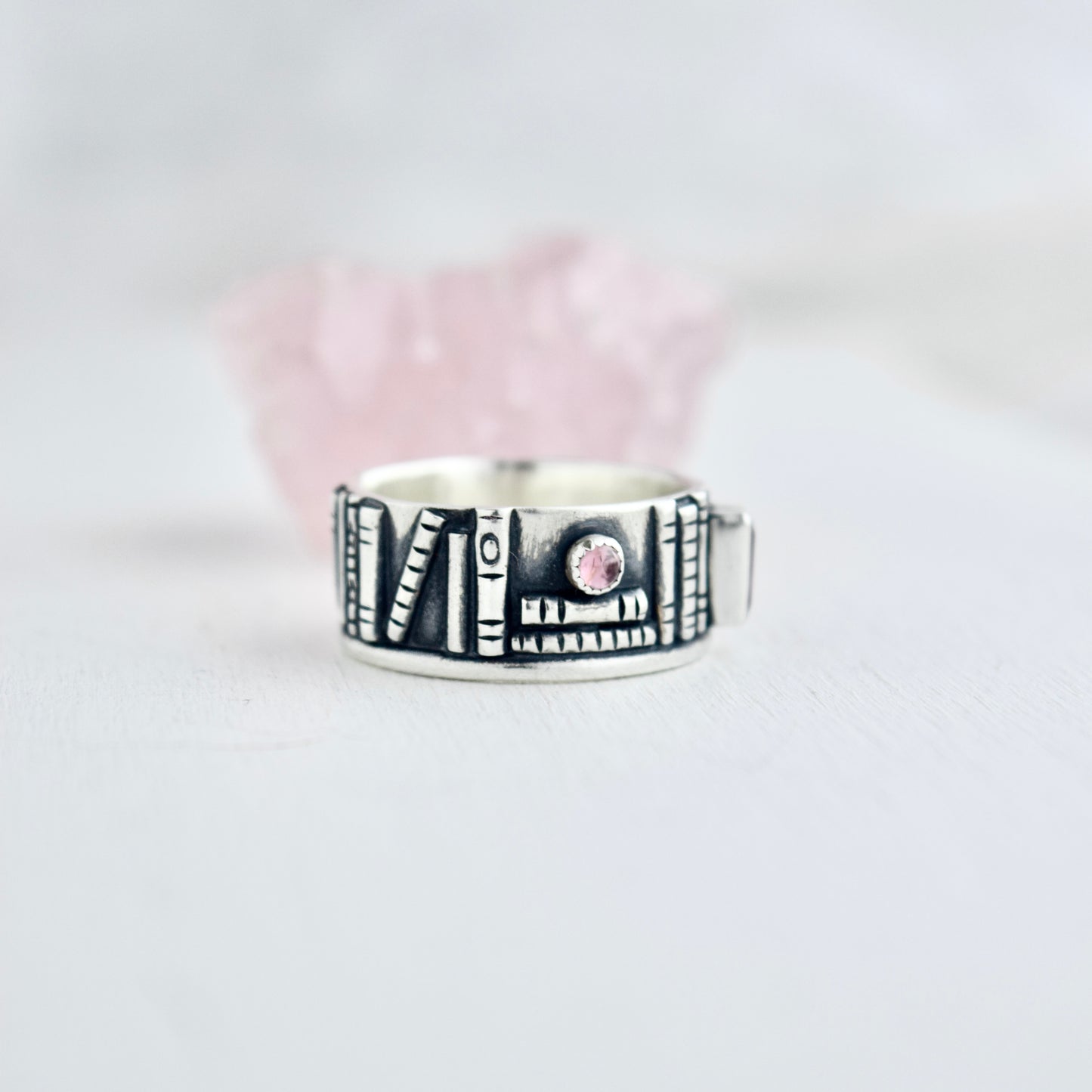 Bookshelf Ring Band with Pink Tourmaline Size 8.5