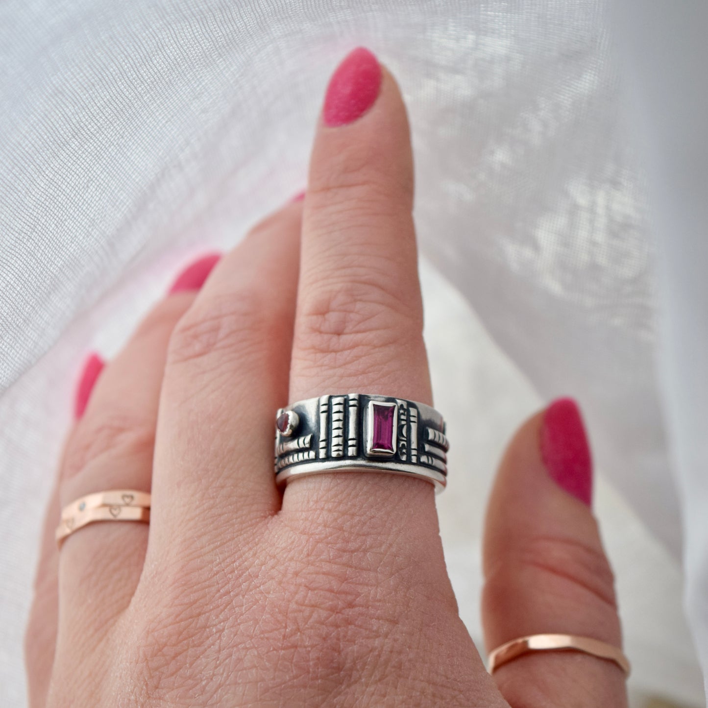 Bookshelf Ring Band with Pink Tourmaline Size 8.5