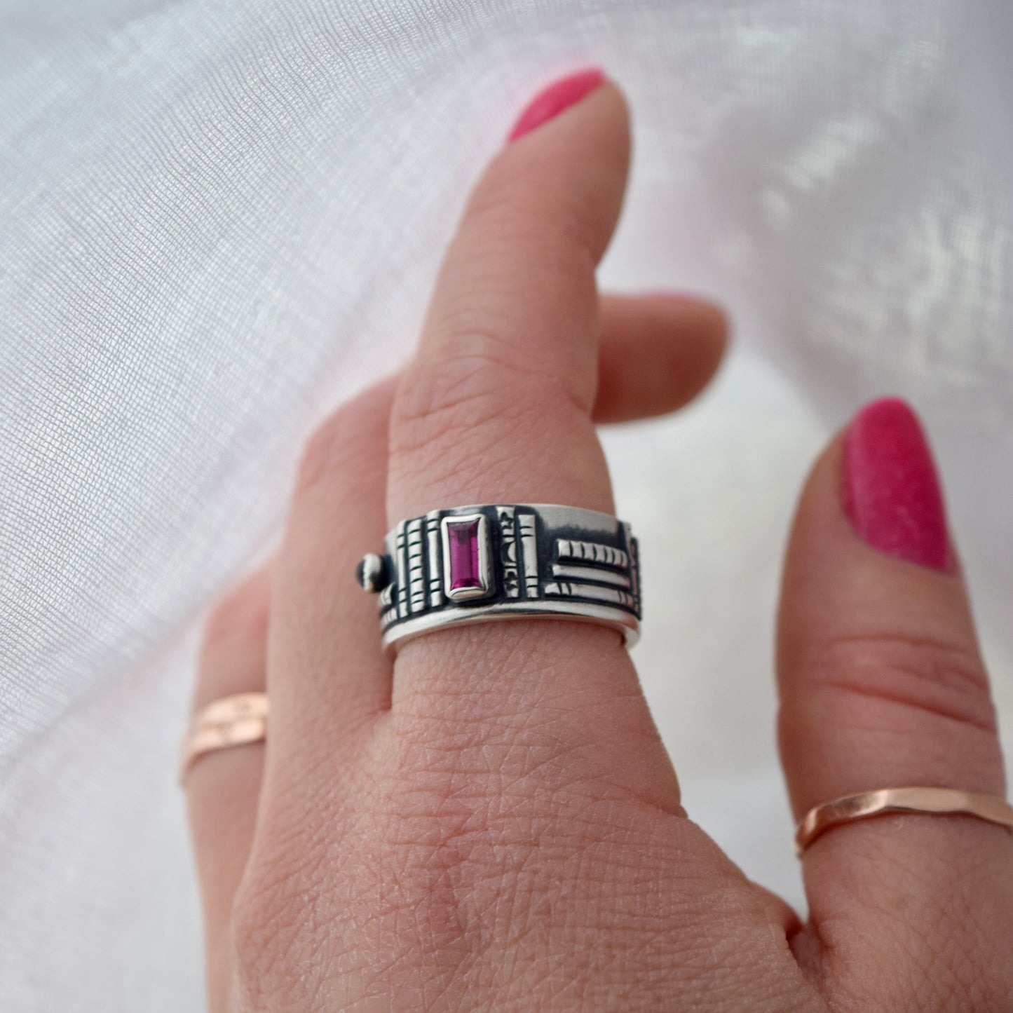 Bookshelf Ring Band with Pink Tourmaline Size 8.5
