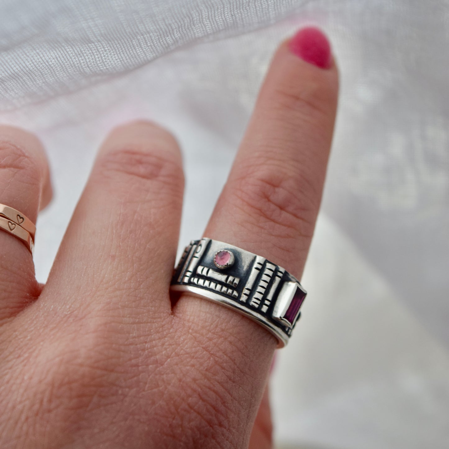 Bookshelf Ring Band with Pink Tourmaline Size 8.5