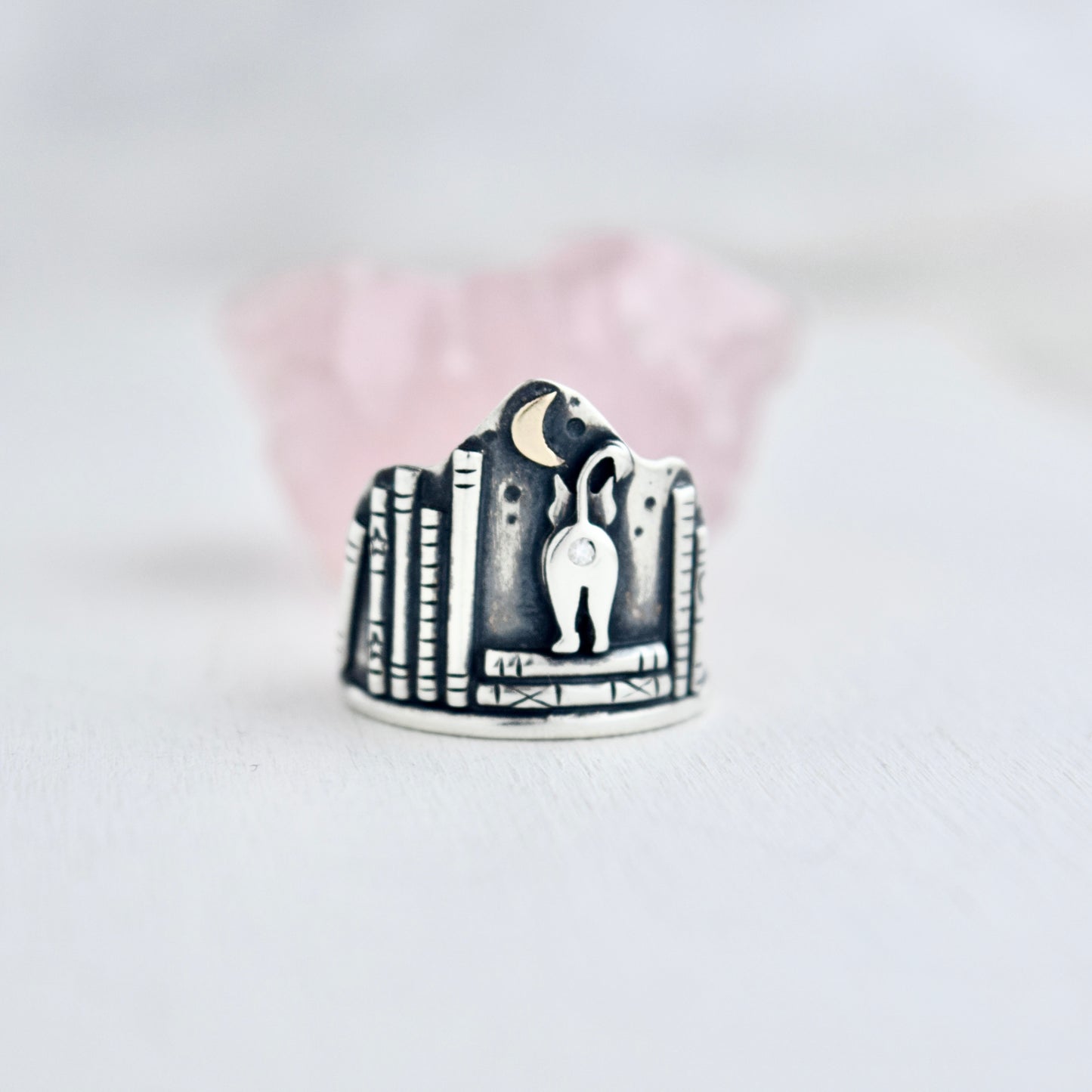 Library Cat Butthole Shield Ring with Gold Fill and Moissanite Size 6