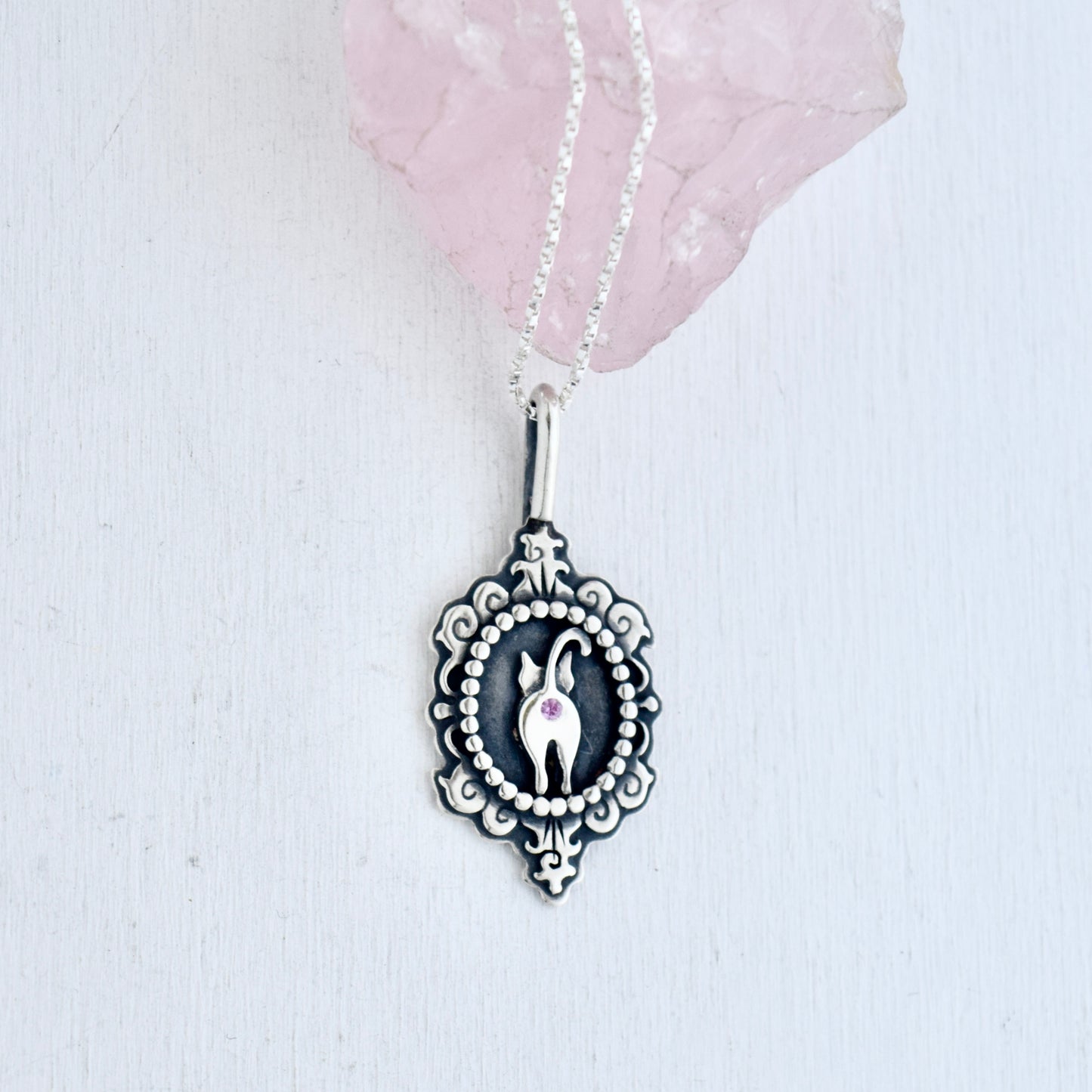 Cat Butthole Cameo Necklace with Flush Set Pink Sapphire