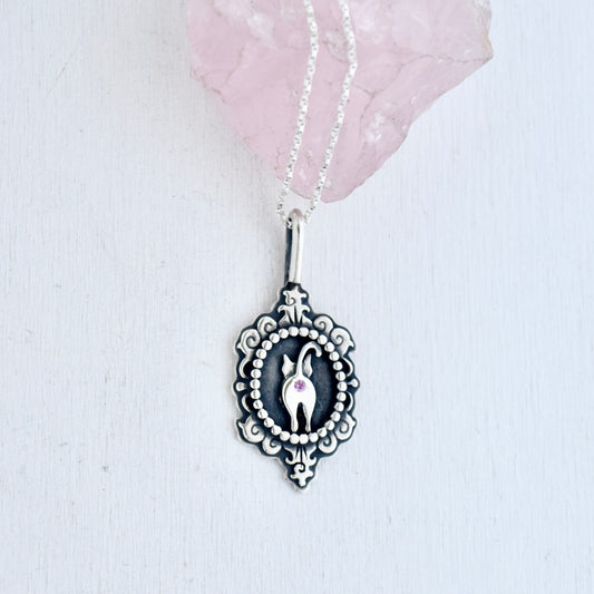 Cat Butthole Cameo Necklace with Flush Set Pink Sapphire