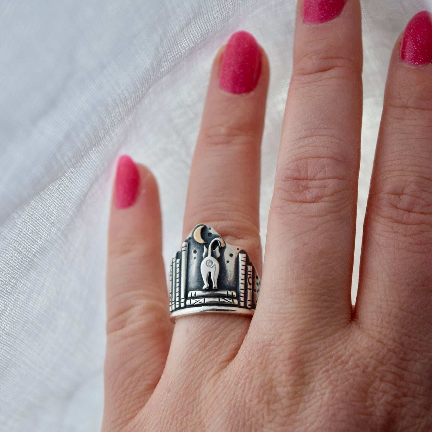 Library Cat Butthole Shield Ring with Gold Fill and Moissanite Size 6