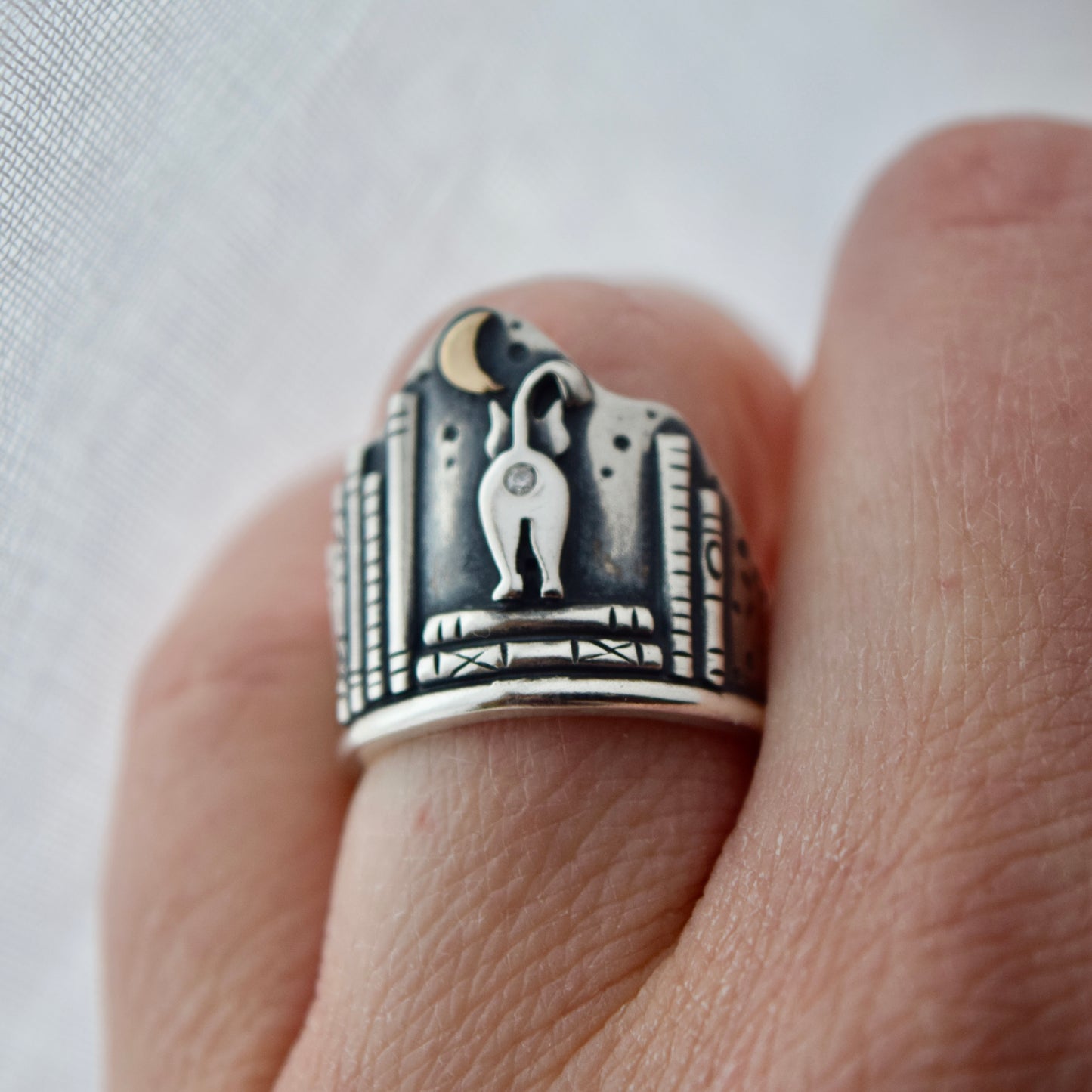 Library Cat Butthole Shield Ring with Gold Fill and Moissanite Size 6