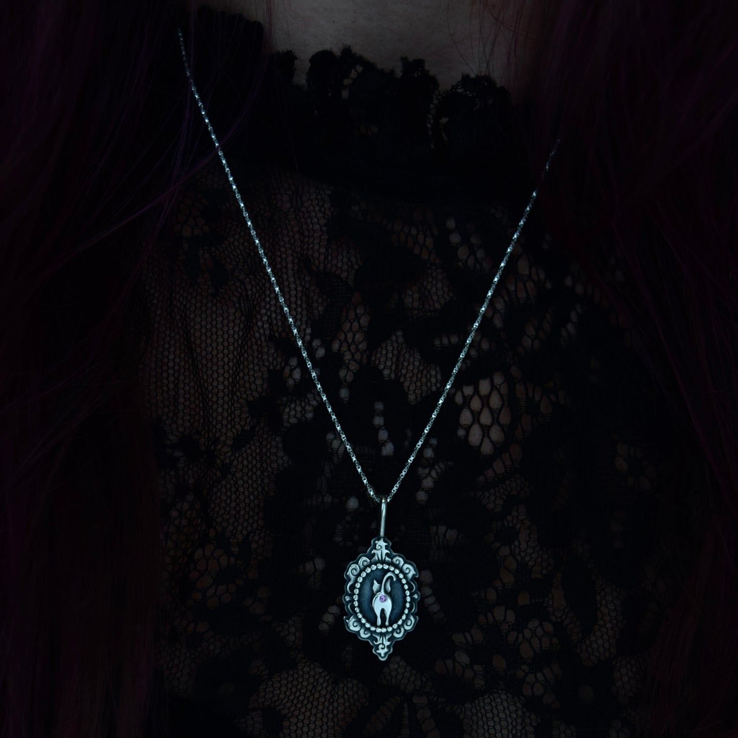 Cat Butthole Cameo Necklace with Flush Set Pink Sapphire