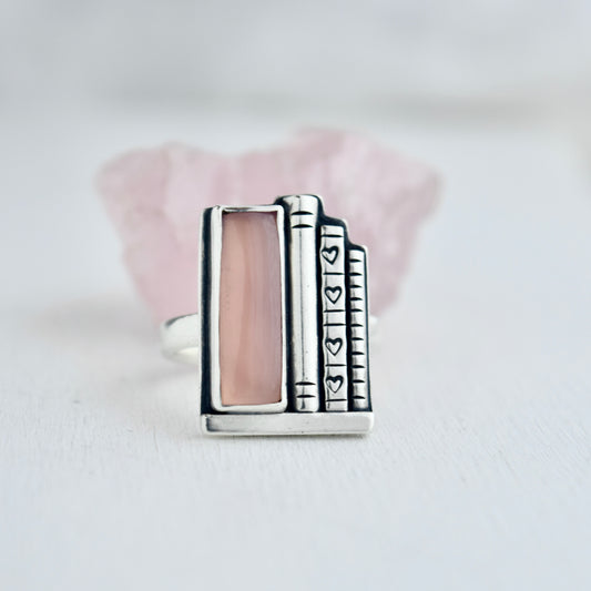 Bookshelf Ring with Pink Chalcedony Size 8