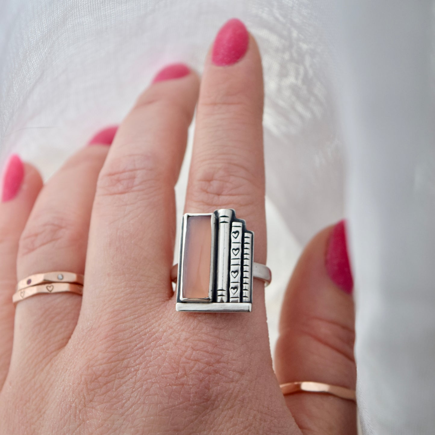 Bookshelf Ring with Pink Chalcedony Size 8