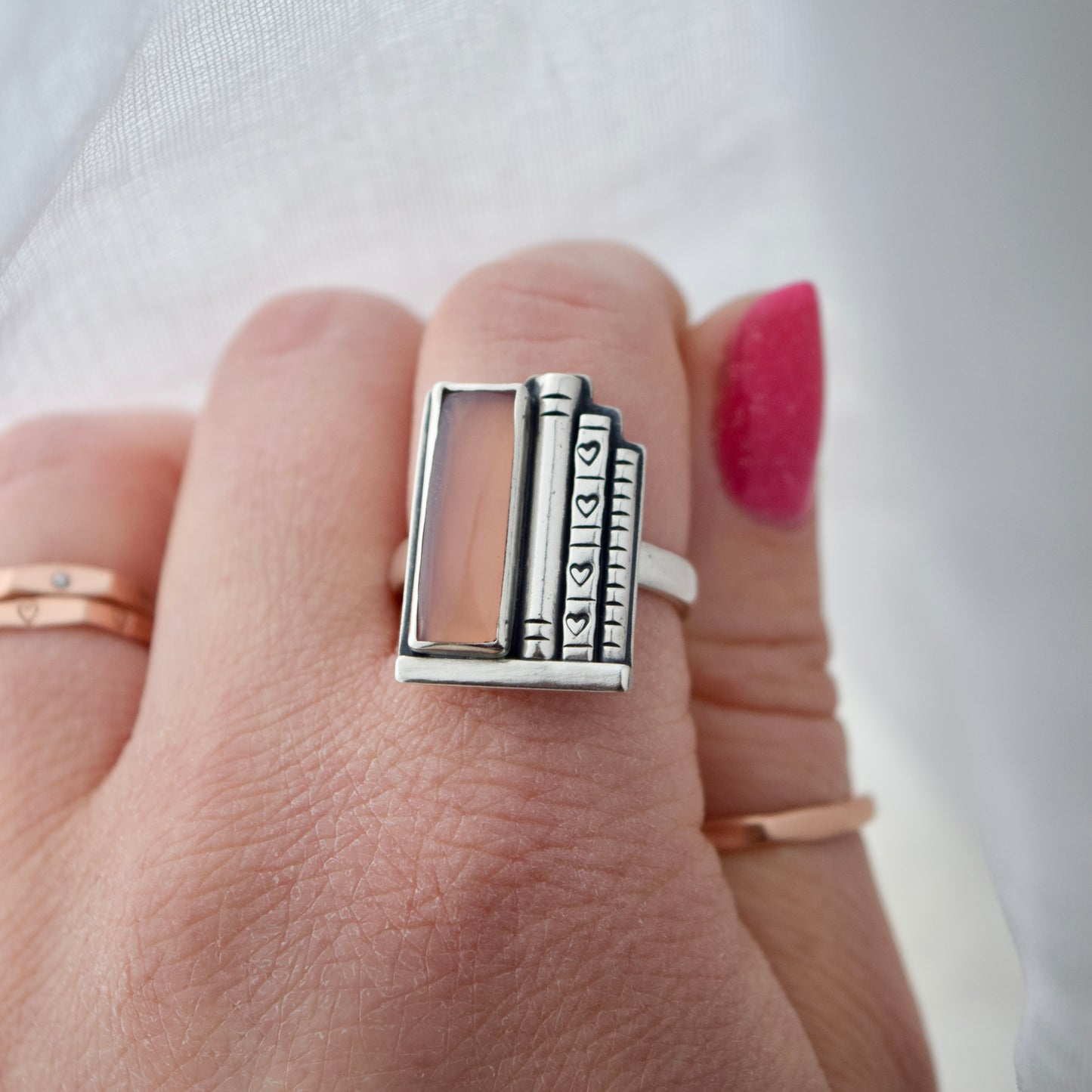 Bookshelf Ring with Pink Chalcedony Size 8