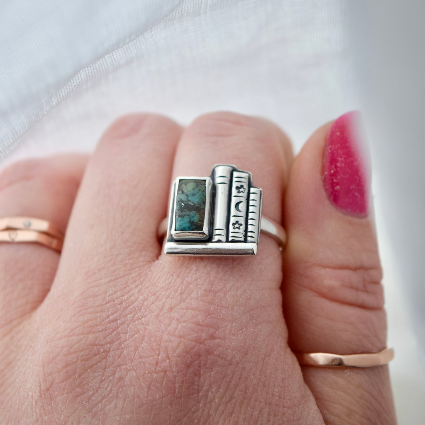 Bookshelf Ring with Tibetan Turquoise Size 9.5