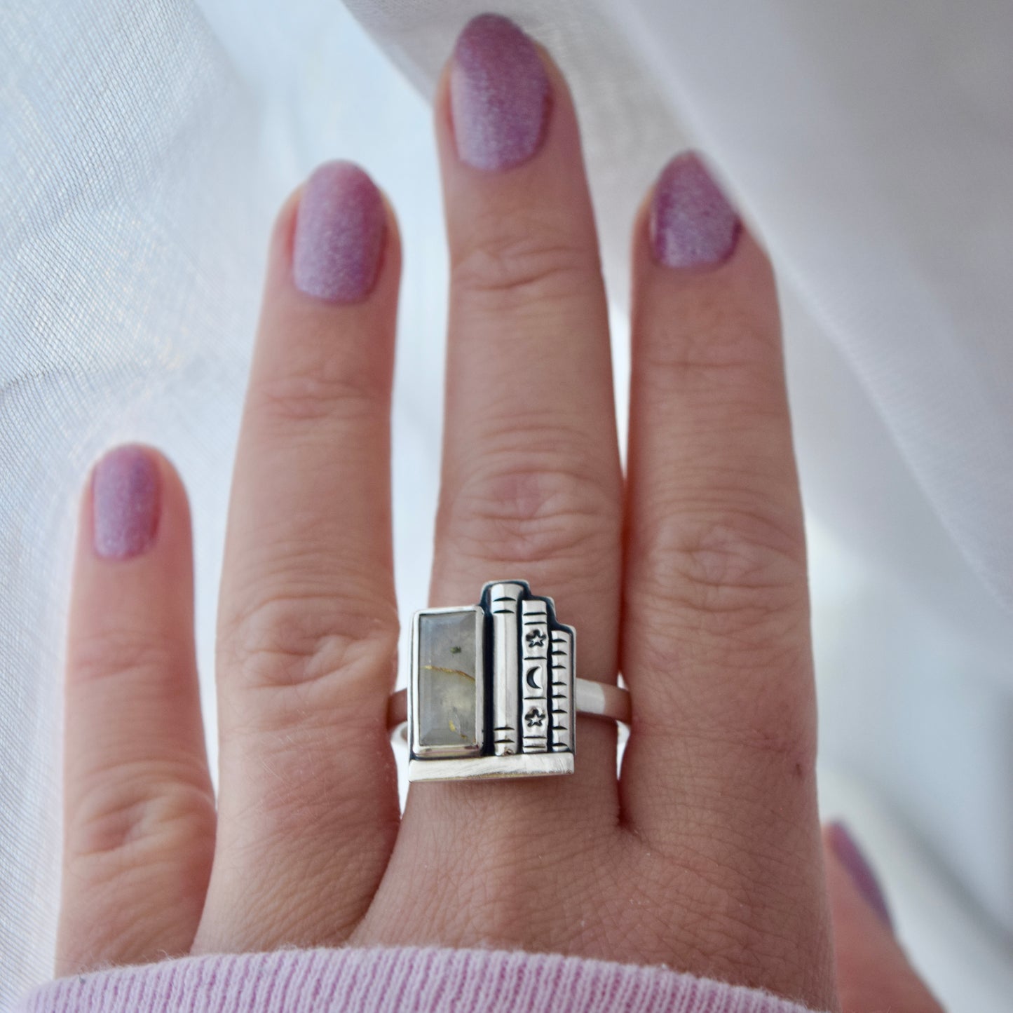 Bookshelf Ring with Kintsugi Repaired Rainbow Moonstone Size 10