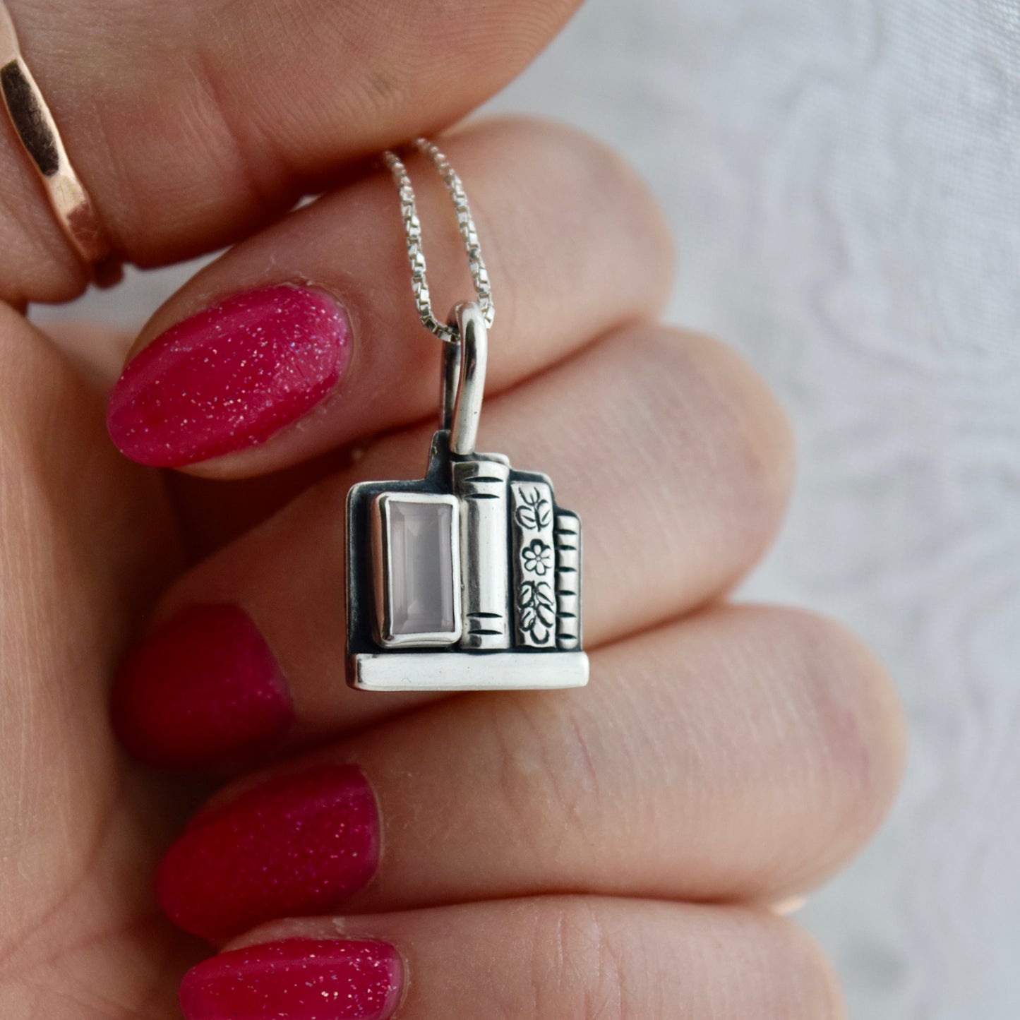Bookshelf Necklace with Rose Quartz