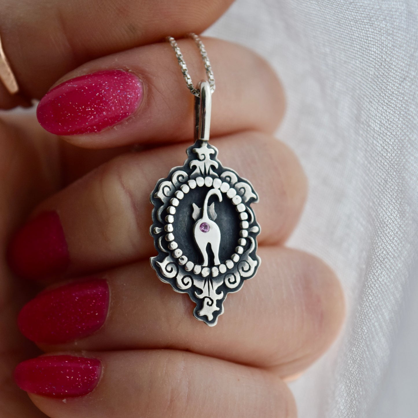 Cat Butthole Cameow Necklace with Pink Sapphire