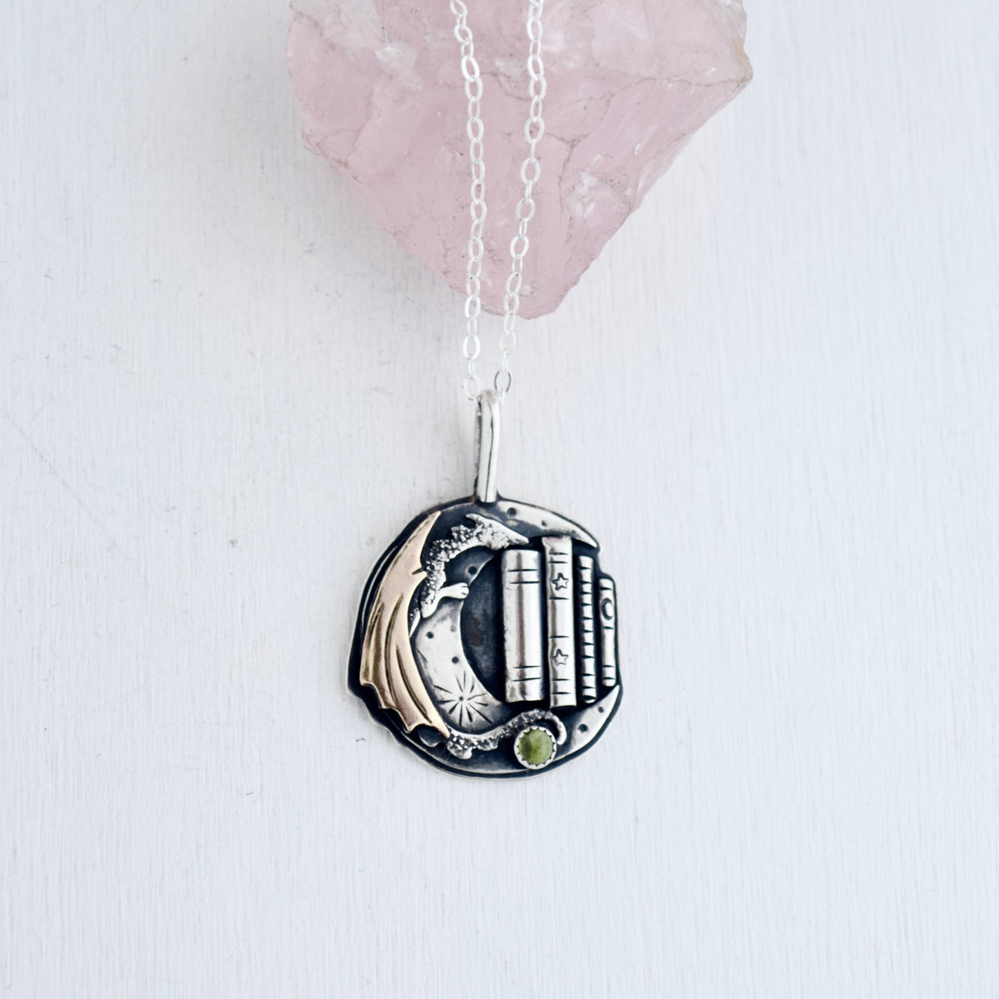 Lunar Bookshelf Necklace with Gold Fill and Green Tourmaline