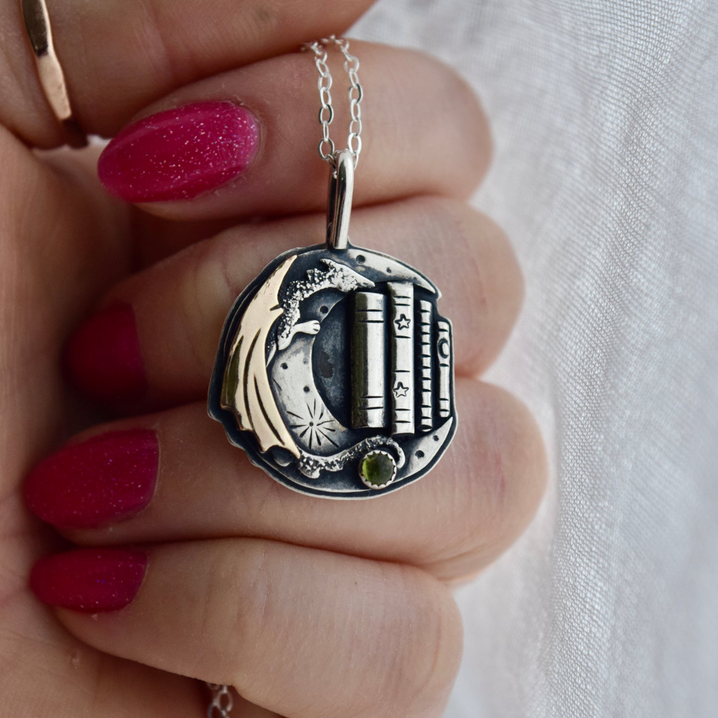 Lunar Bookshelf Necklace with Gold Fill and Green Tourmaline