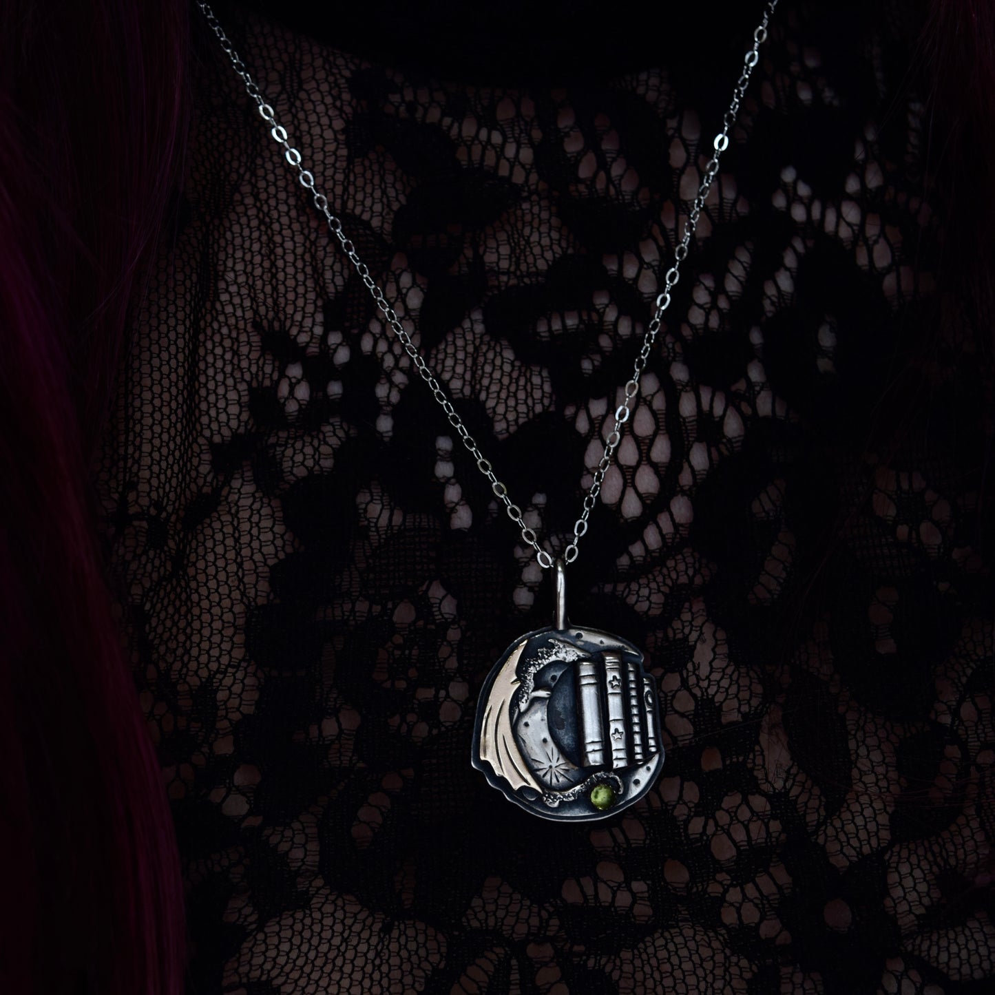 Lunar Bookshelf Necklace with Gold Fill and Green Tourmaline