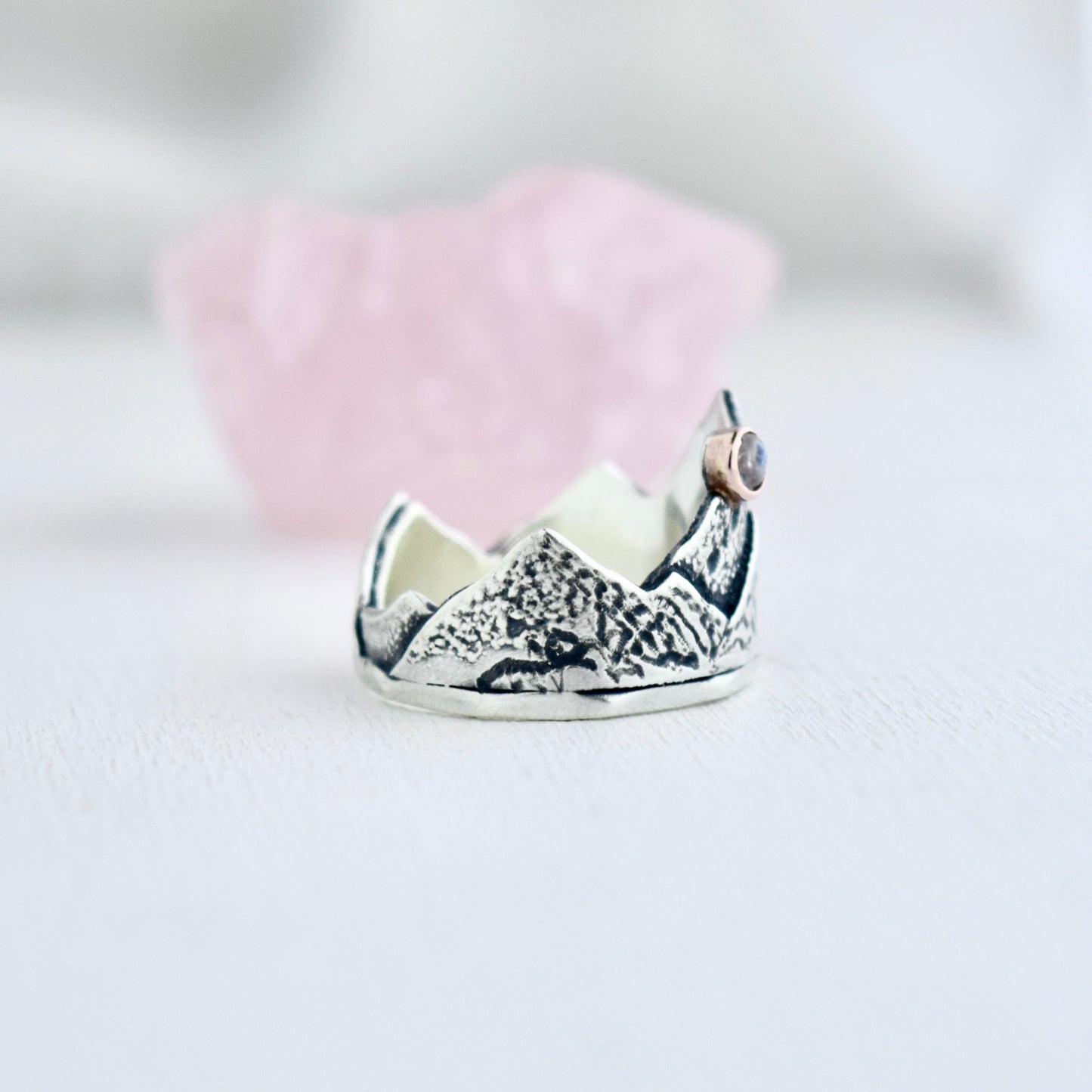 Snowy Mountain Range Armor Ring with Rainbow Moonstone and 14k Solid Rose Gold size 7
