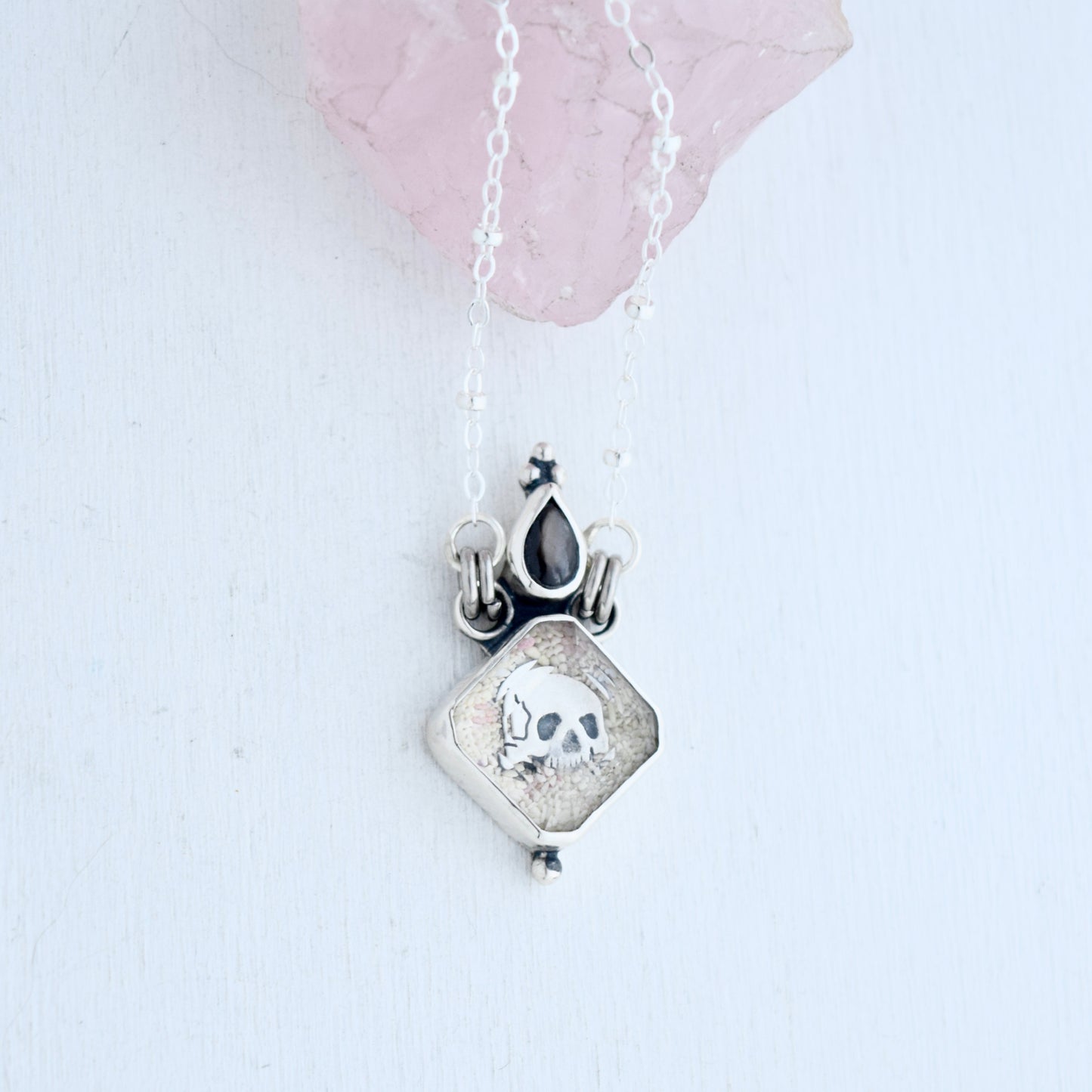 Message in a Bottle Necklace with Black Star Sapphire, Clear Quartz, and Horseshoe Bay Bermuda Sand on 20" chain