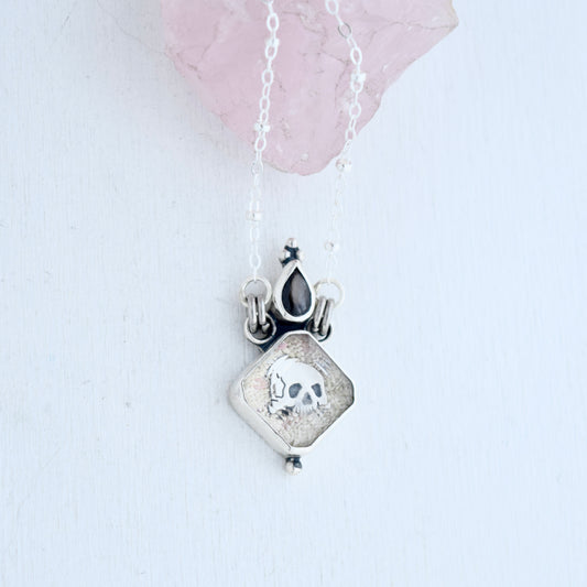 Message in a Bottle Necklace with Black Star Sapphire, Clear Quartz, and Horseshoe Bay Bermuda Sand on 20" chain