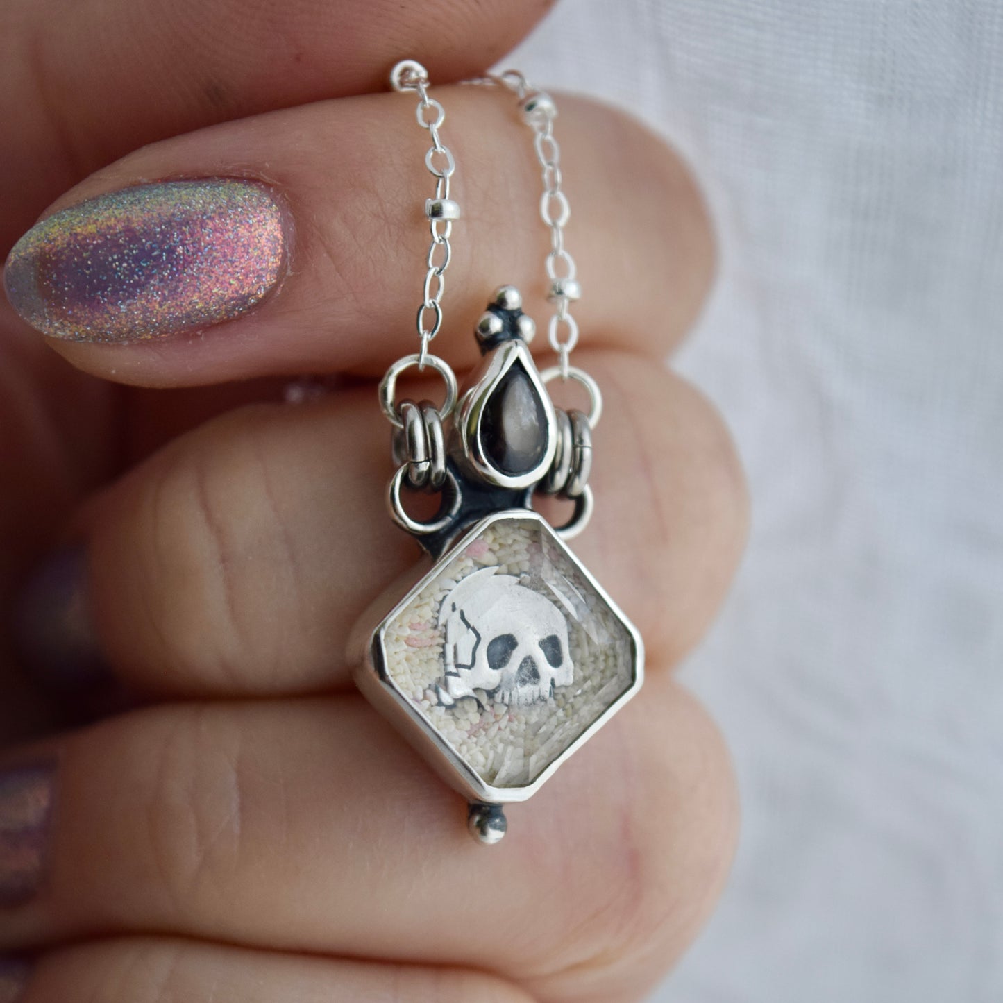 Message in a Bottle Necklace with Black Star Sapphire, Clear Quartz, and Horseshoe Bay Bermuda Sand on 20" chain