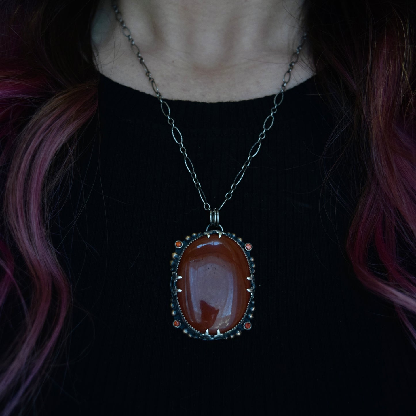 The Lion House Worry Stone Pendant with Red Jasper, Garnet, and Yellow Gold Fill