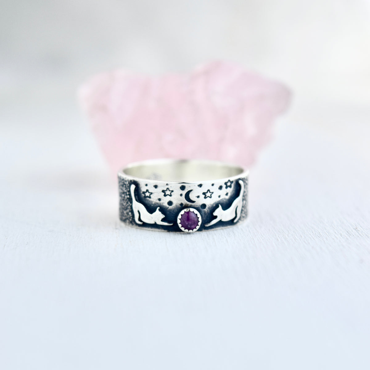 Moonlit Mischief Ring Band with Pink Sapphire Size 8