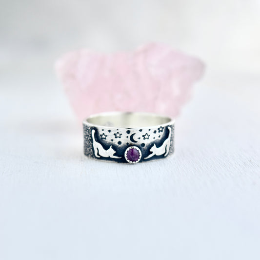 Moonlit Mischief Ring Band with Pink Sapphire Size 8