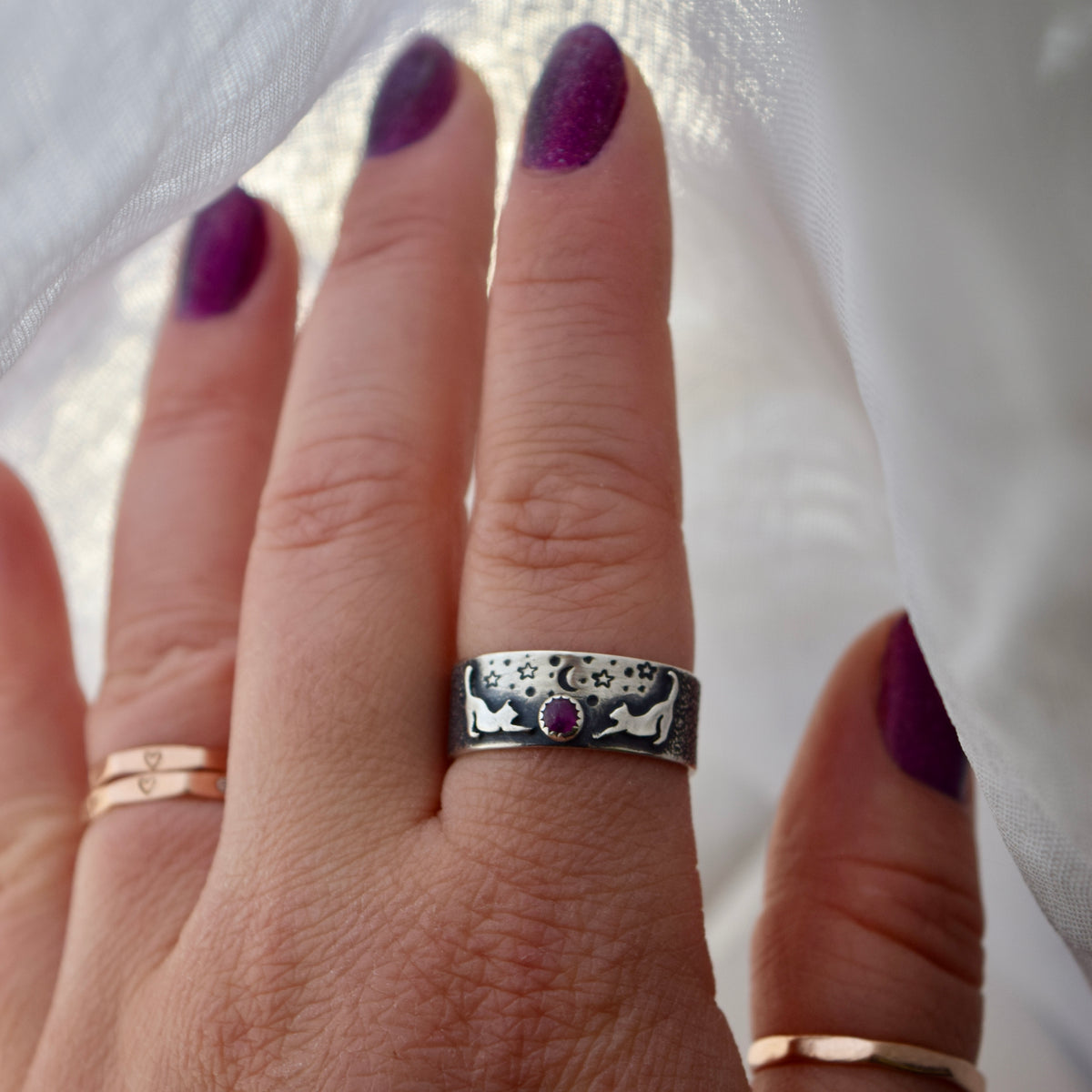 Moonlit Mischief Ring Band with Pink Sapphire Size 8