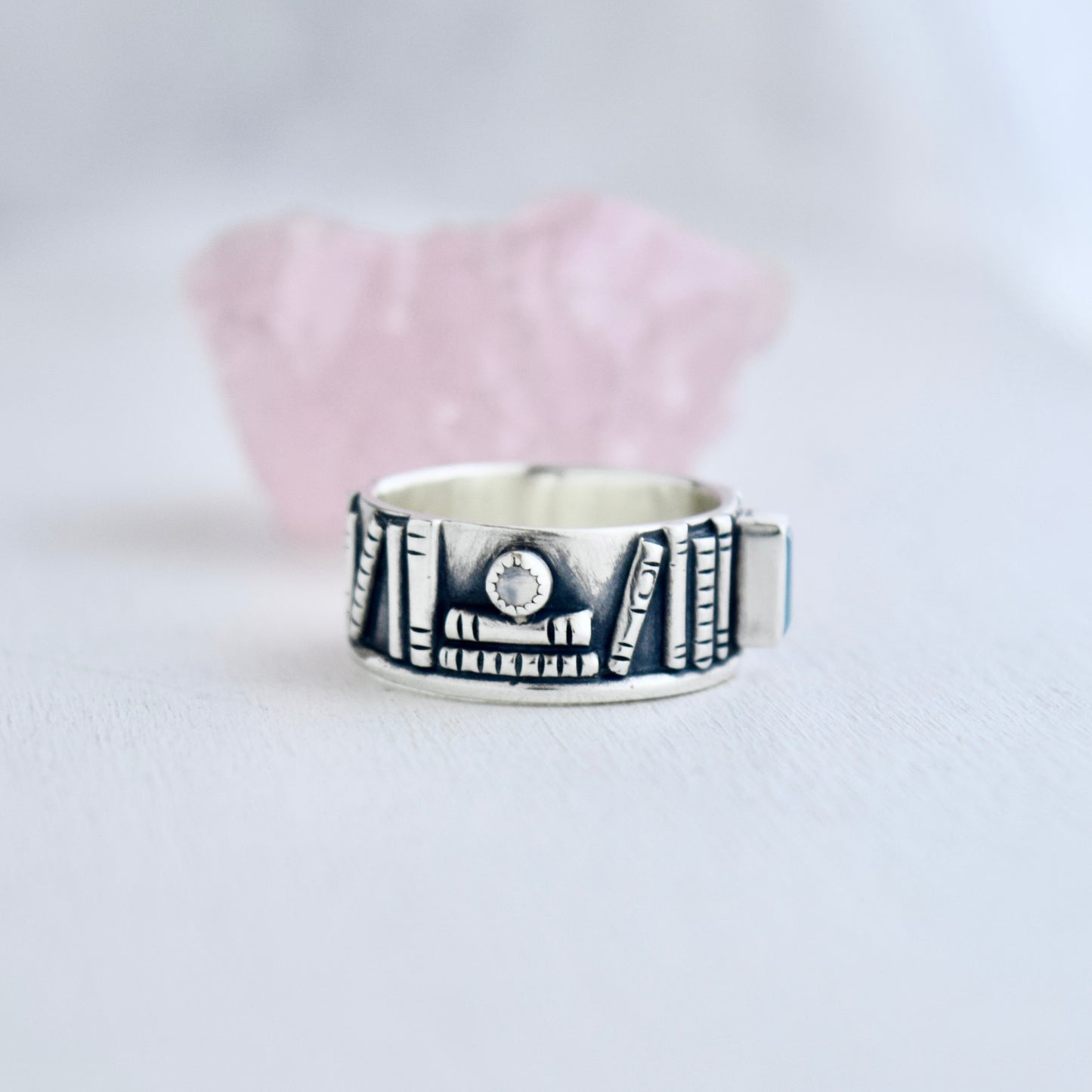 Bookshelf Ring Band with Ethiopian Opal and Rainbow Moonstone Size 7.5