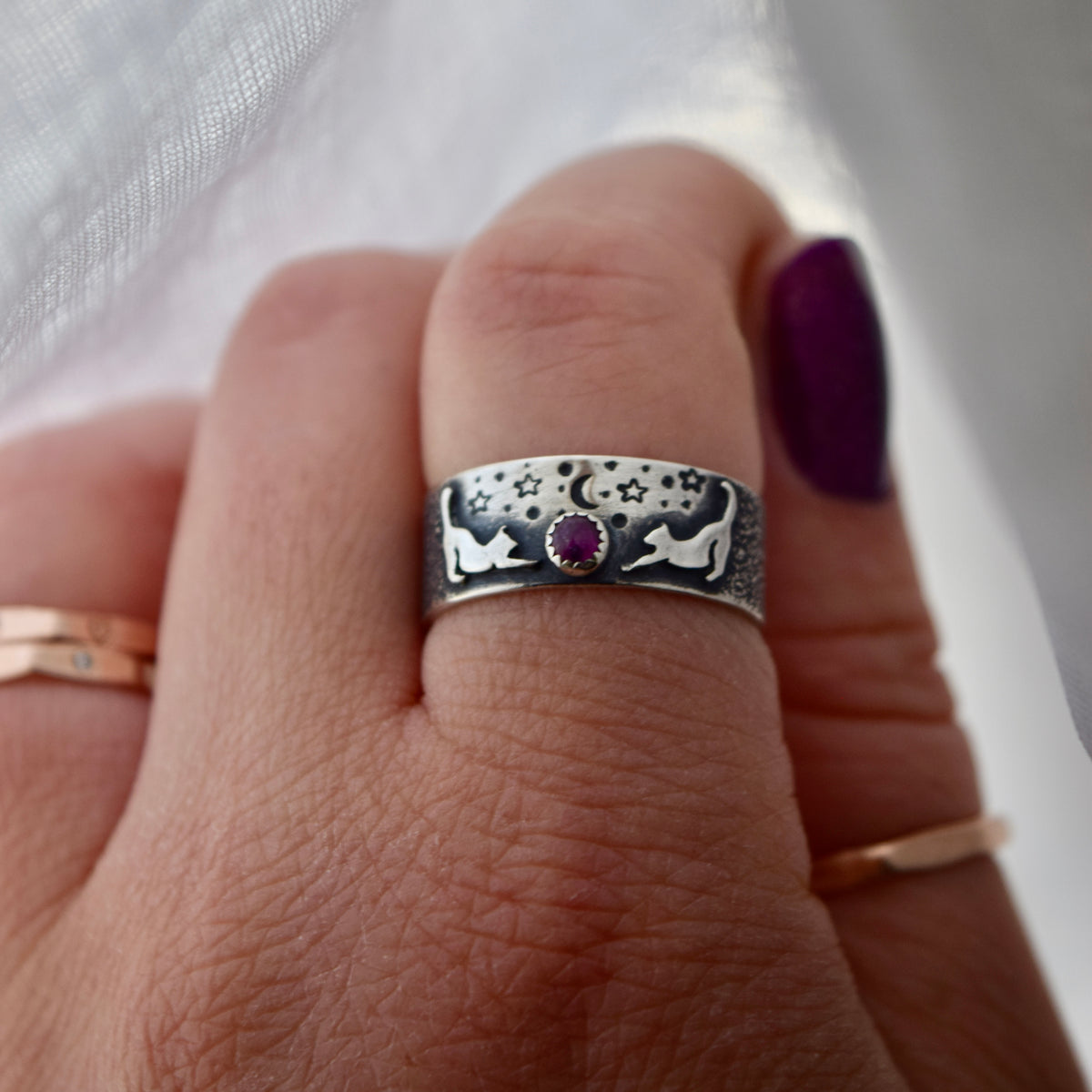 Moonlit Mischief Ring Band with Pink Sapphire Size 8