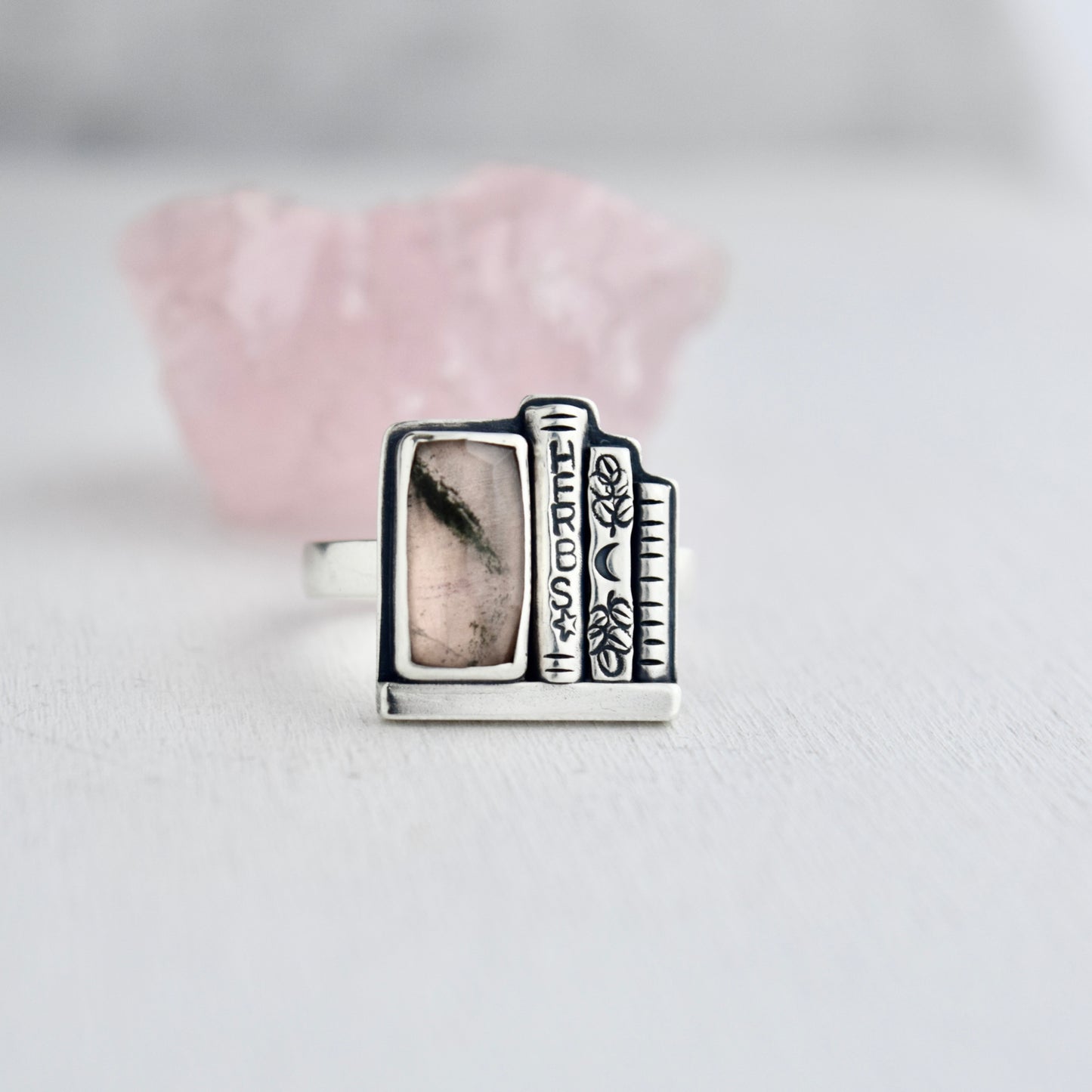 Bookshelf Ring with Lodolite set over Rose Gold Fill Size 8.5
