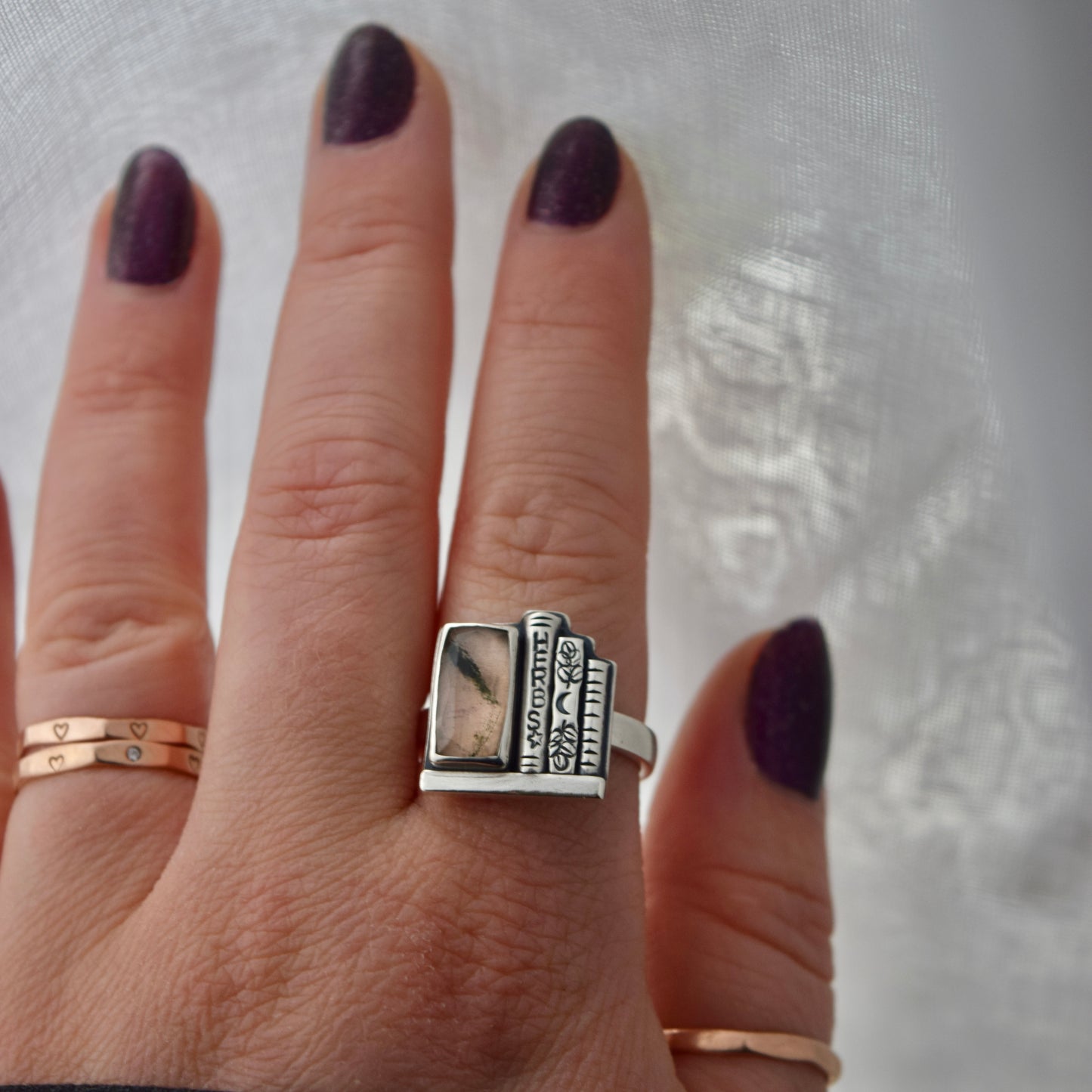 Bookshelf Ring with Lodolite set over Rose Gold Fill Size 8.5