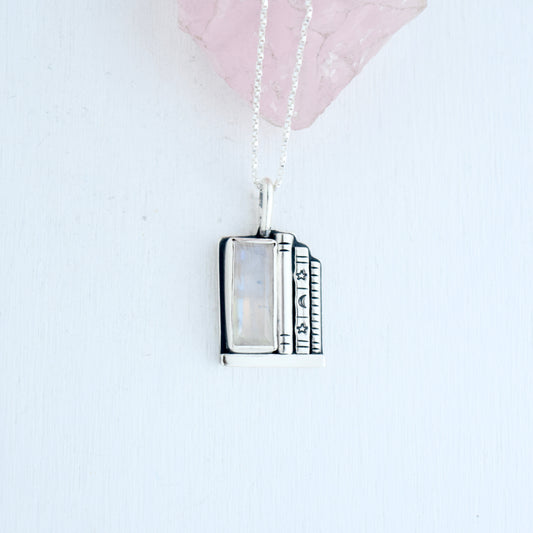 Bookshelf Necklace with Rainbow Moonstone