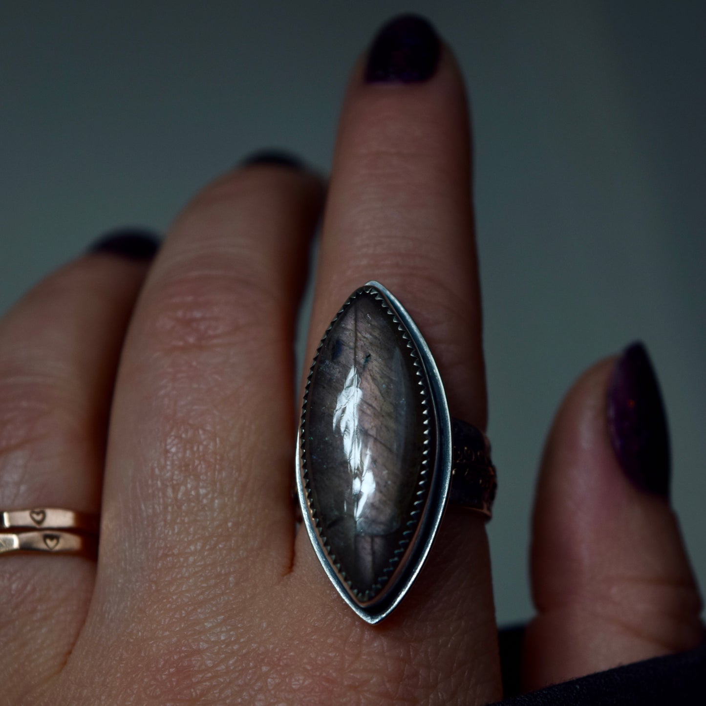 Midnight Lavender Purple Labradorite and Rose Gold Fill Ring Size 7