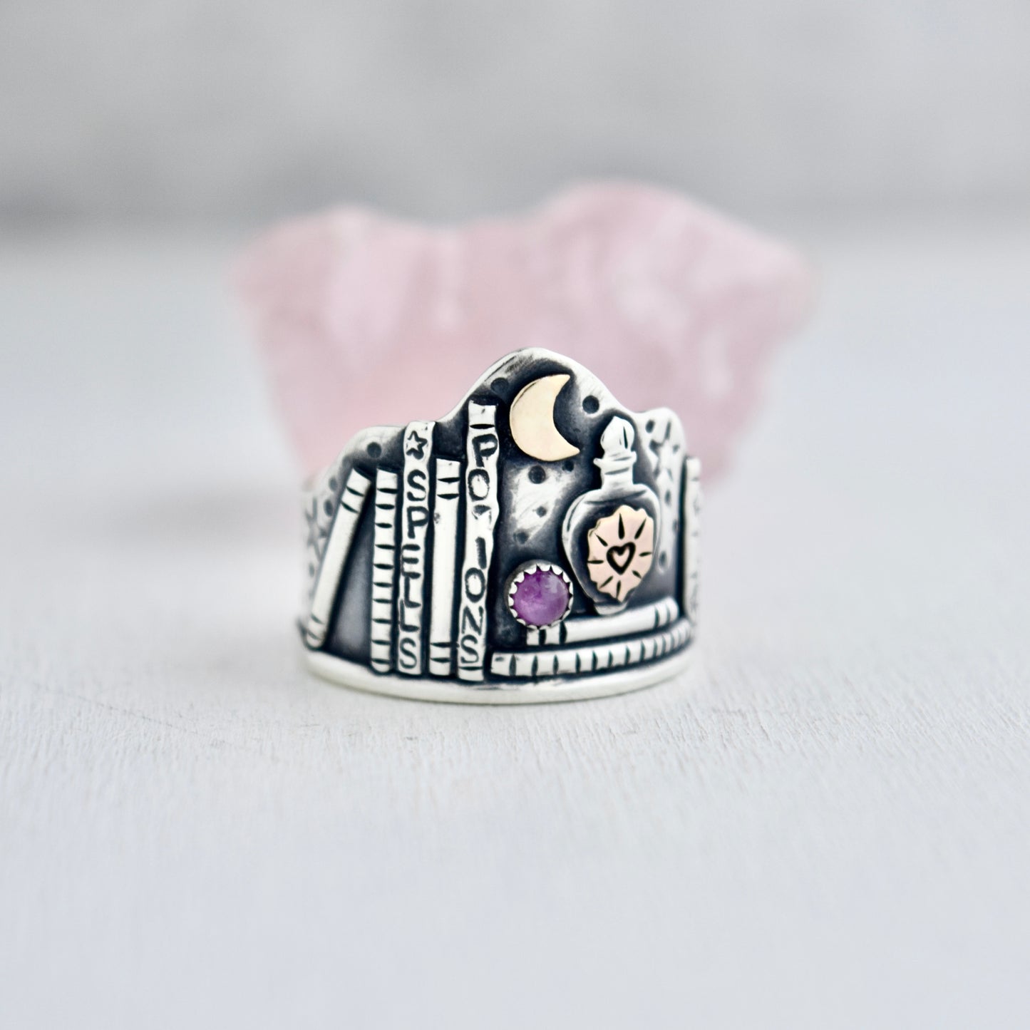 Love Spell Potion Library Shield Ring with Gold Fill and Pink Sapphire Size 9