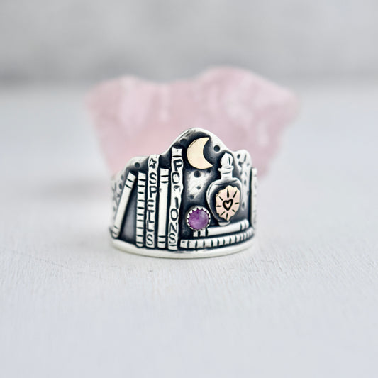 Love Spell Potion Library Shield Ring with Gold Fill and Pink Sapphire Size 9