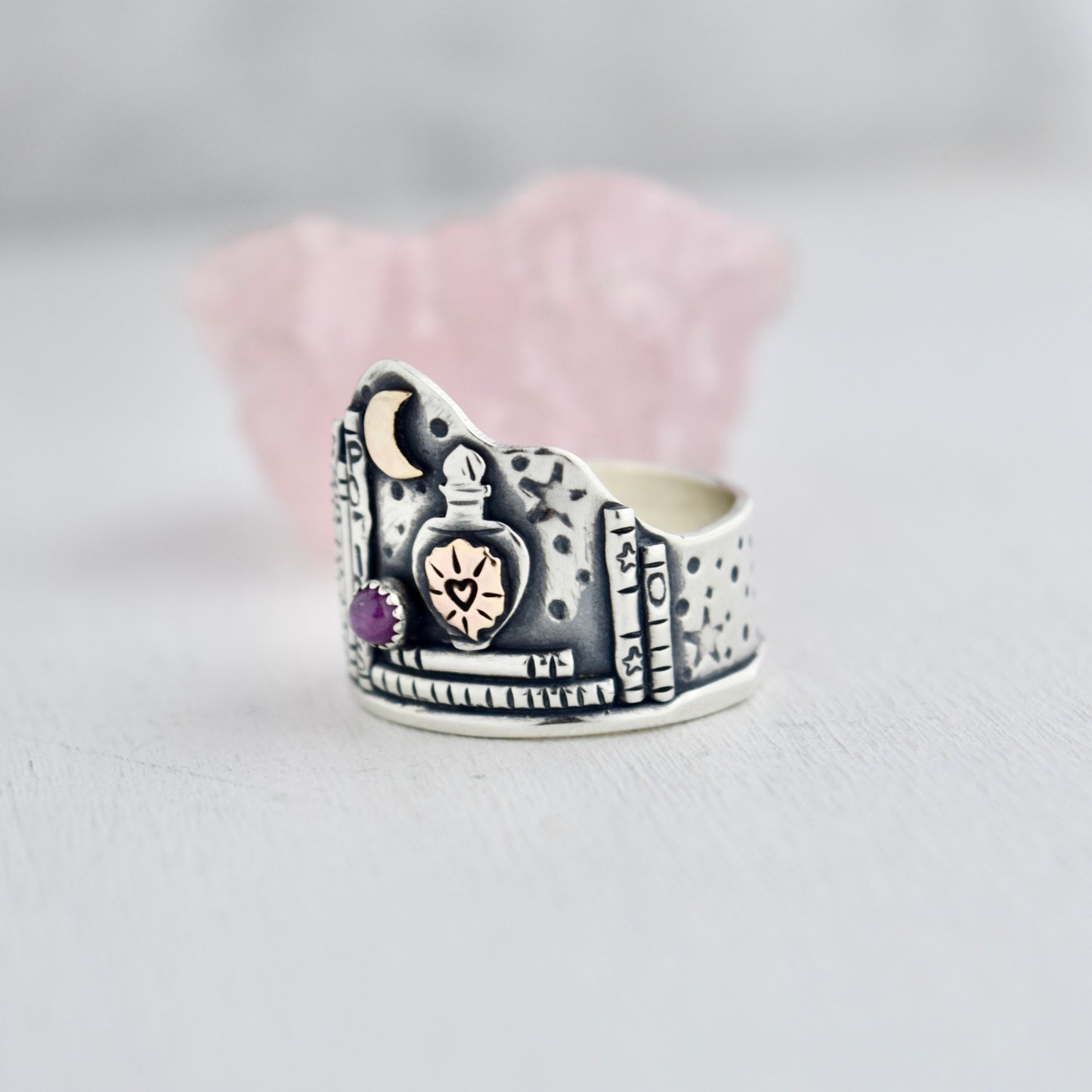Love Spell Potion Library Shield Ring with Gold Fill and Pink Sapphire Size 9