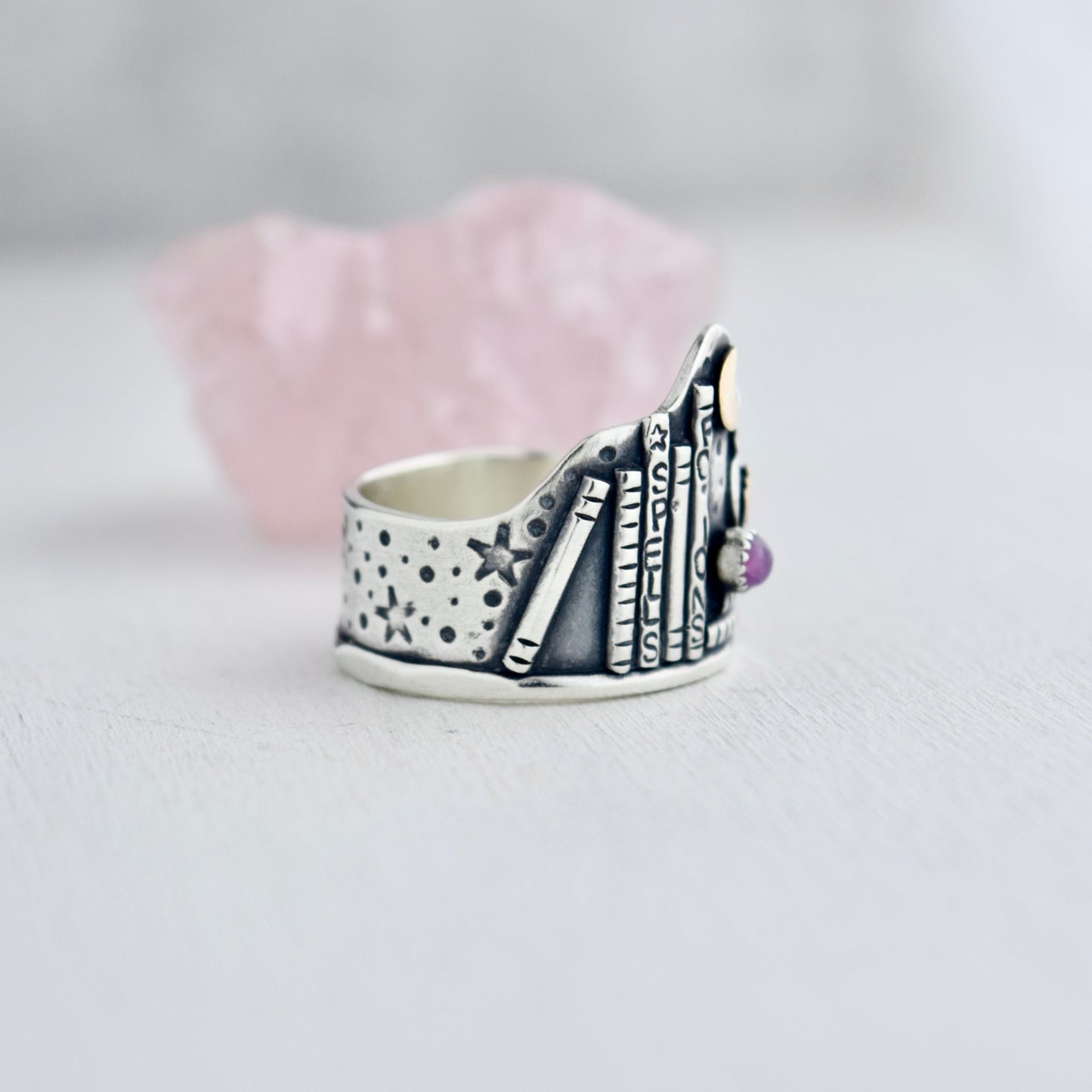 Love Spell Potion Library Shield Ring with Gold Fill and Pink Sapphire Size 9