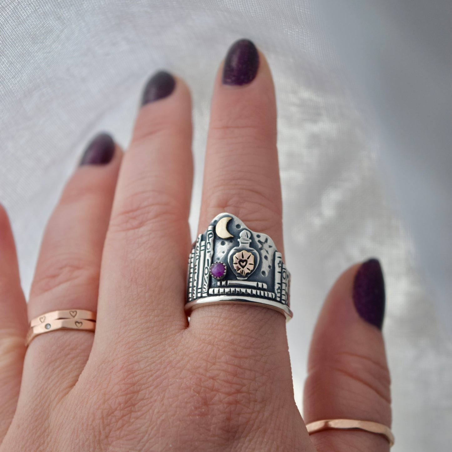Love Spell Potion Library Shield Ring with Gold Fill and Pink Sapphire Size 9