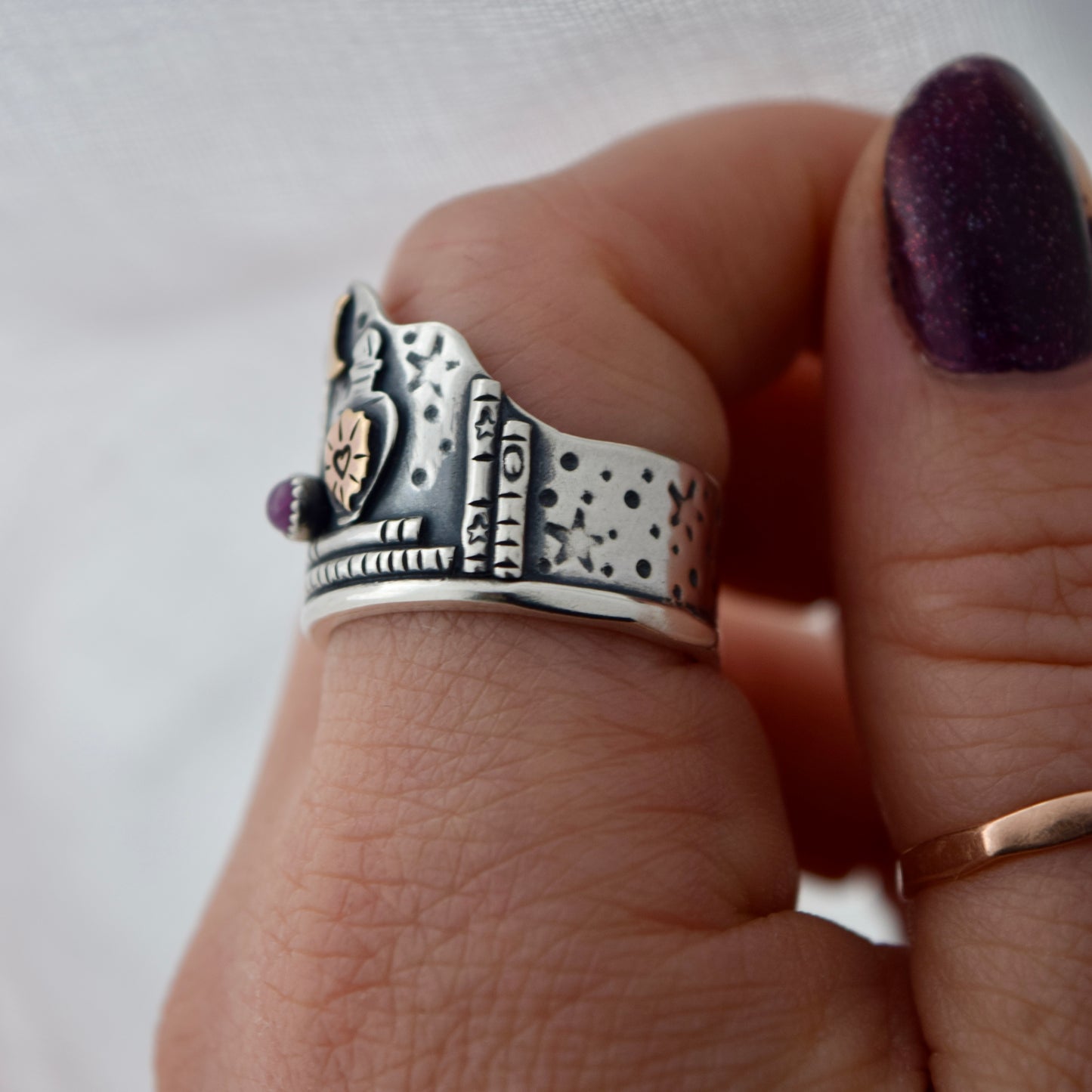 Love Spell Potion Library Shield Ring with Gold Fill and Pink Sapphire Size 9