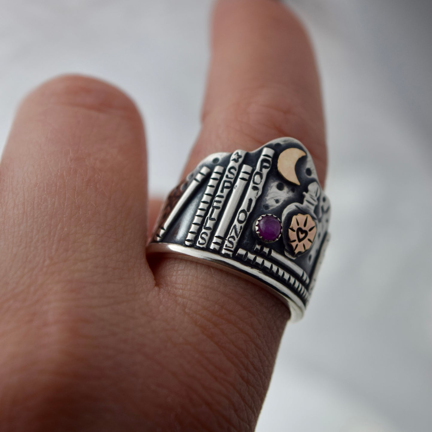 Love Spell Potion Library Shield Ring with Gold Fill and Pink Sapphire Size 9