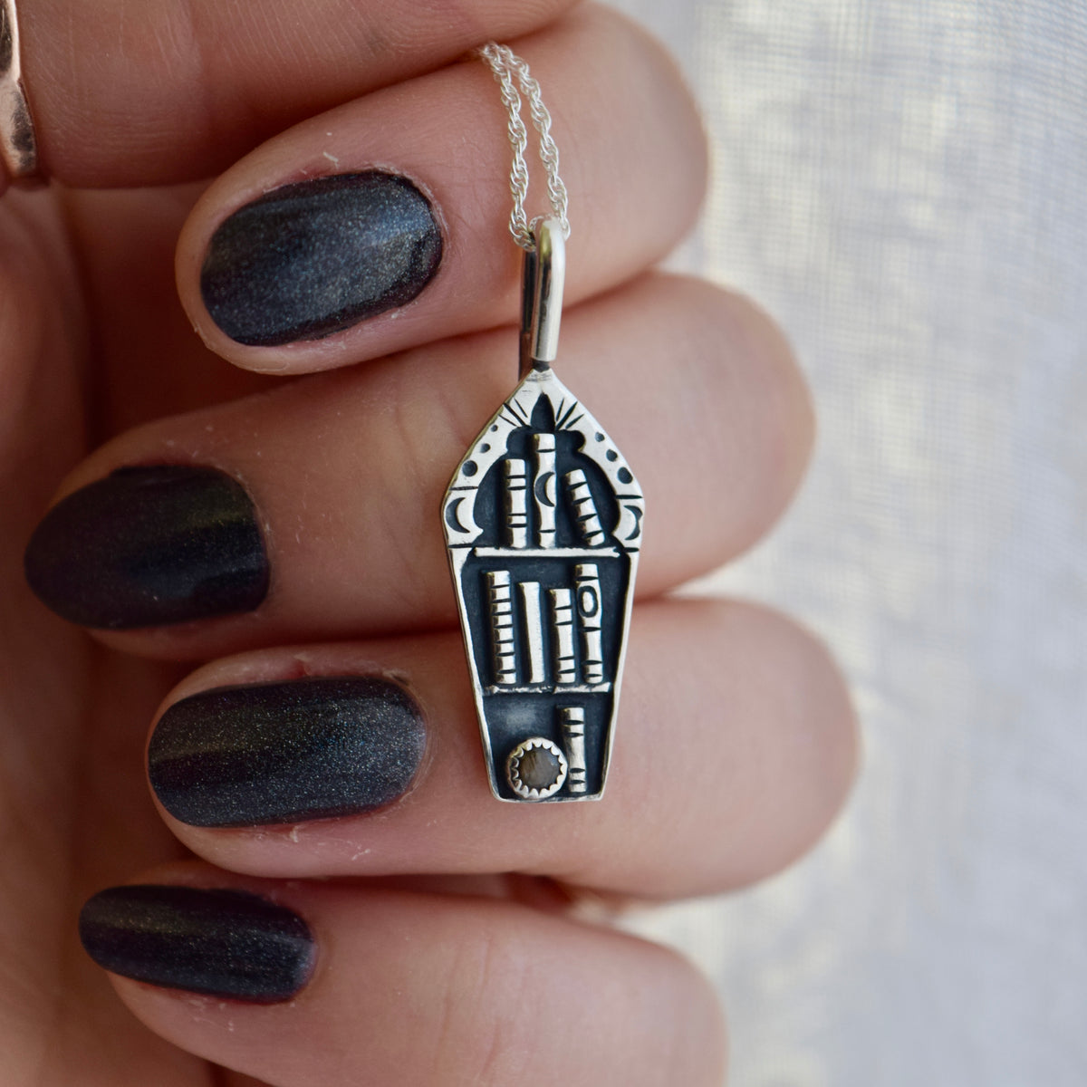Coffin Bookshelf Necklace with Black Star Sapphire